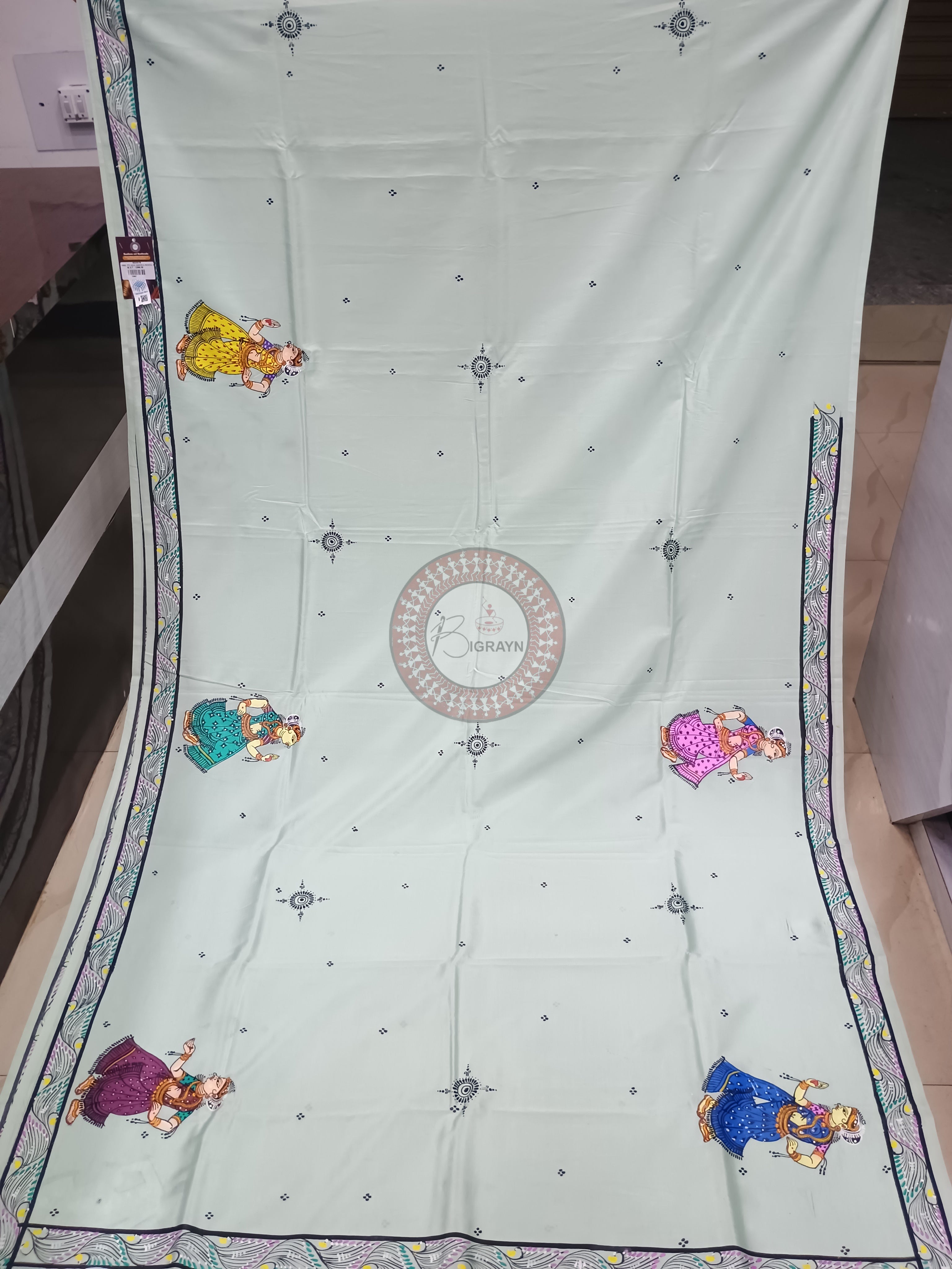 Aqua Dancer And Musical Instruments Theme Pattachitra Khadi Silk Saree