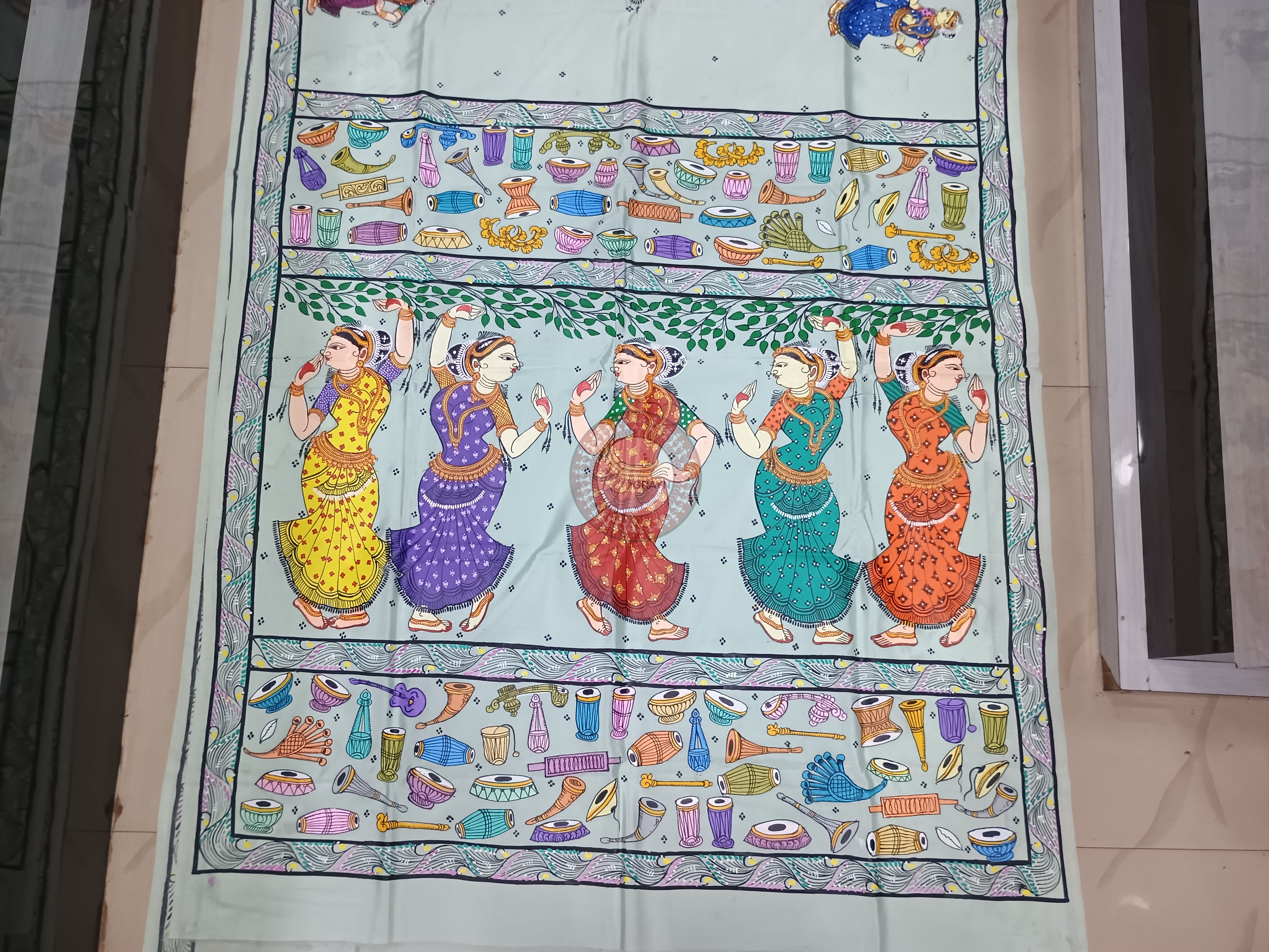 Aqua Dancer And Musical Instruments Theme Pattachitra Khadi Silk Saree