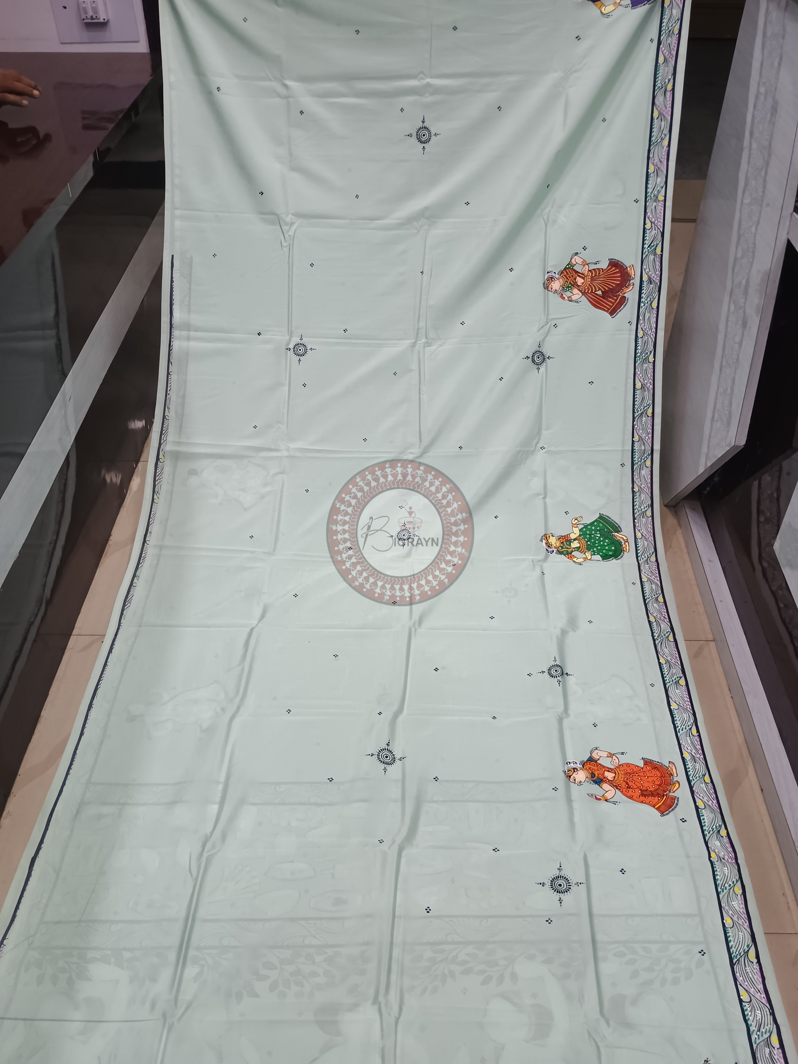 Aqua Dancer And Musical Instruments Theme Pattachitra Khadi Silk Saree