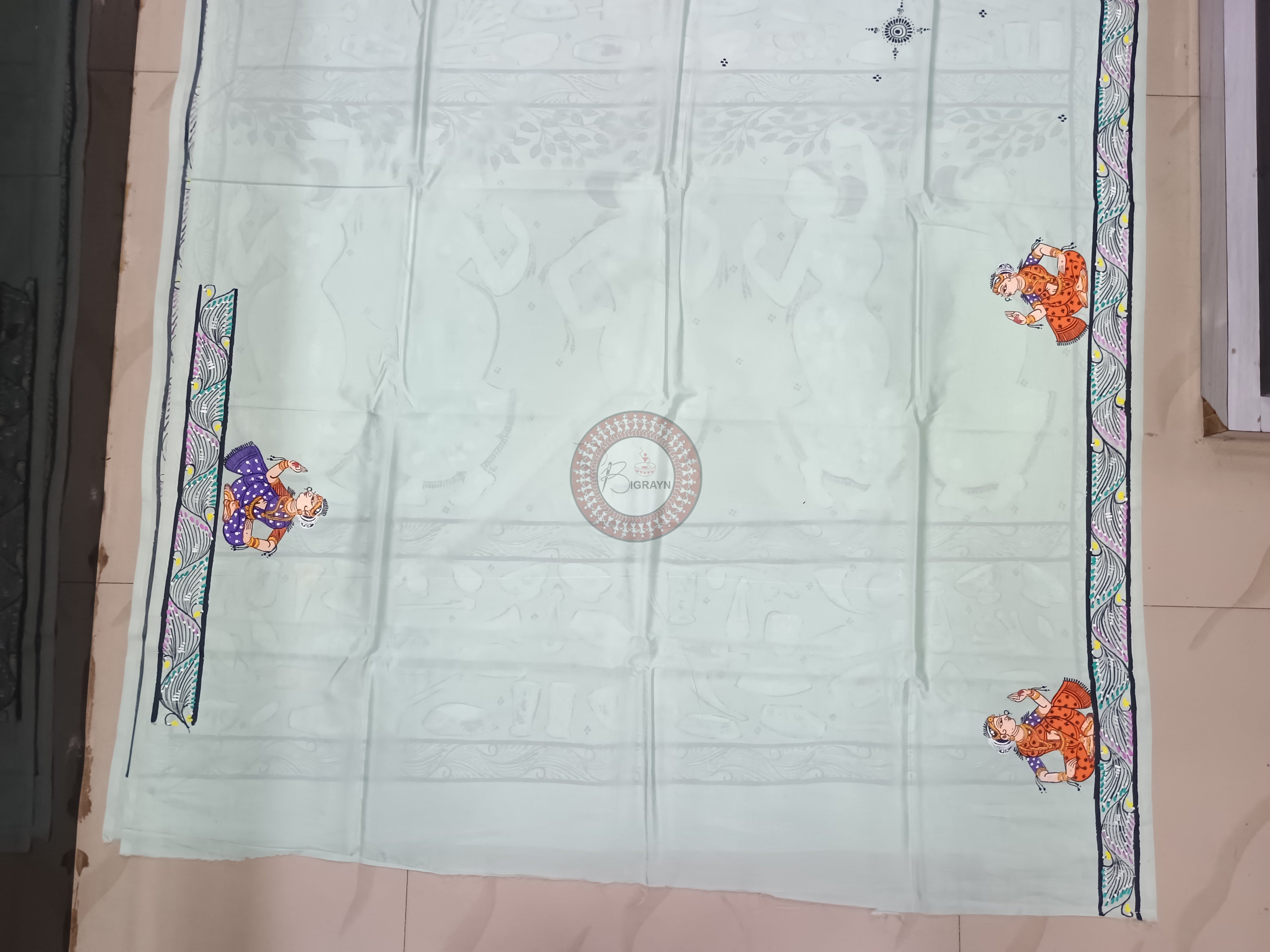 Aqua Dancer And Musical Instruments Theme Pattachitra Khadi Silk Saree