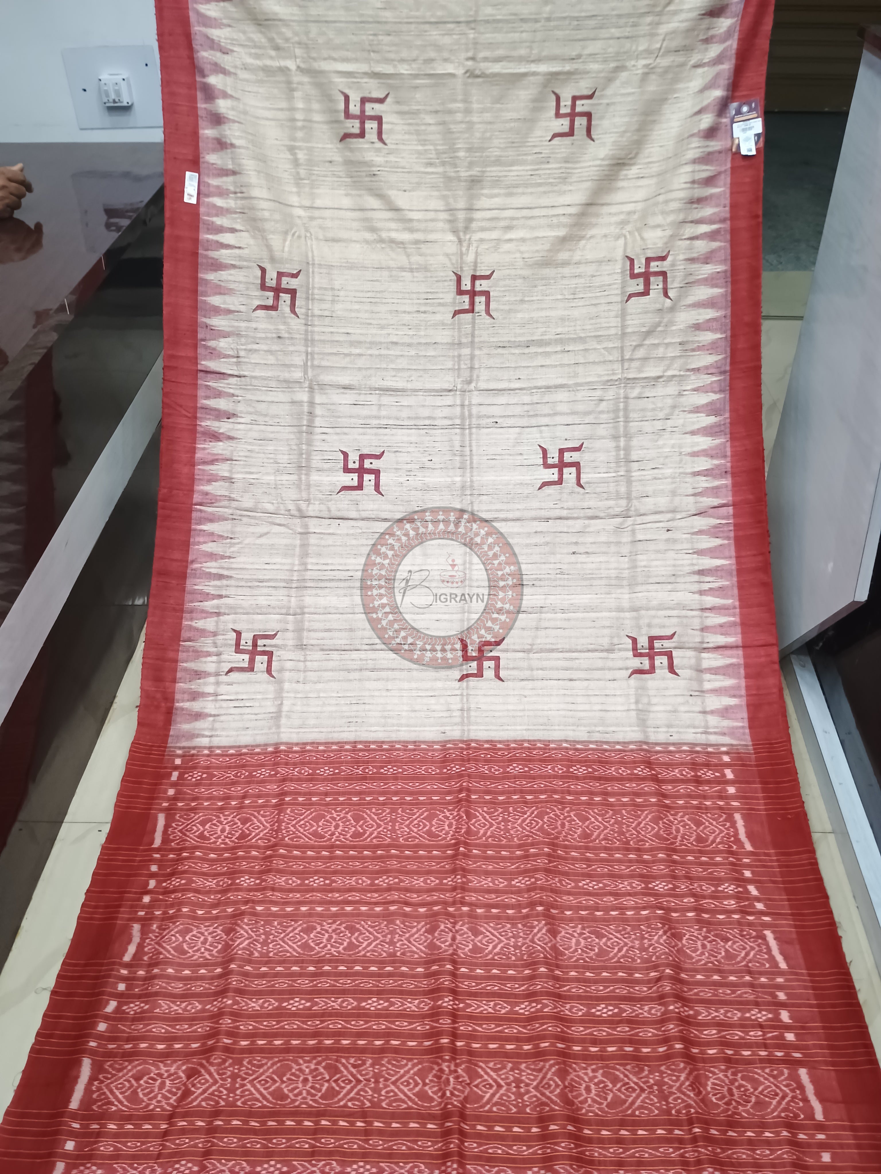 Tussarite Maroon Durga Maa Theme Pattachitra Tussar Silk Saree