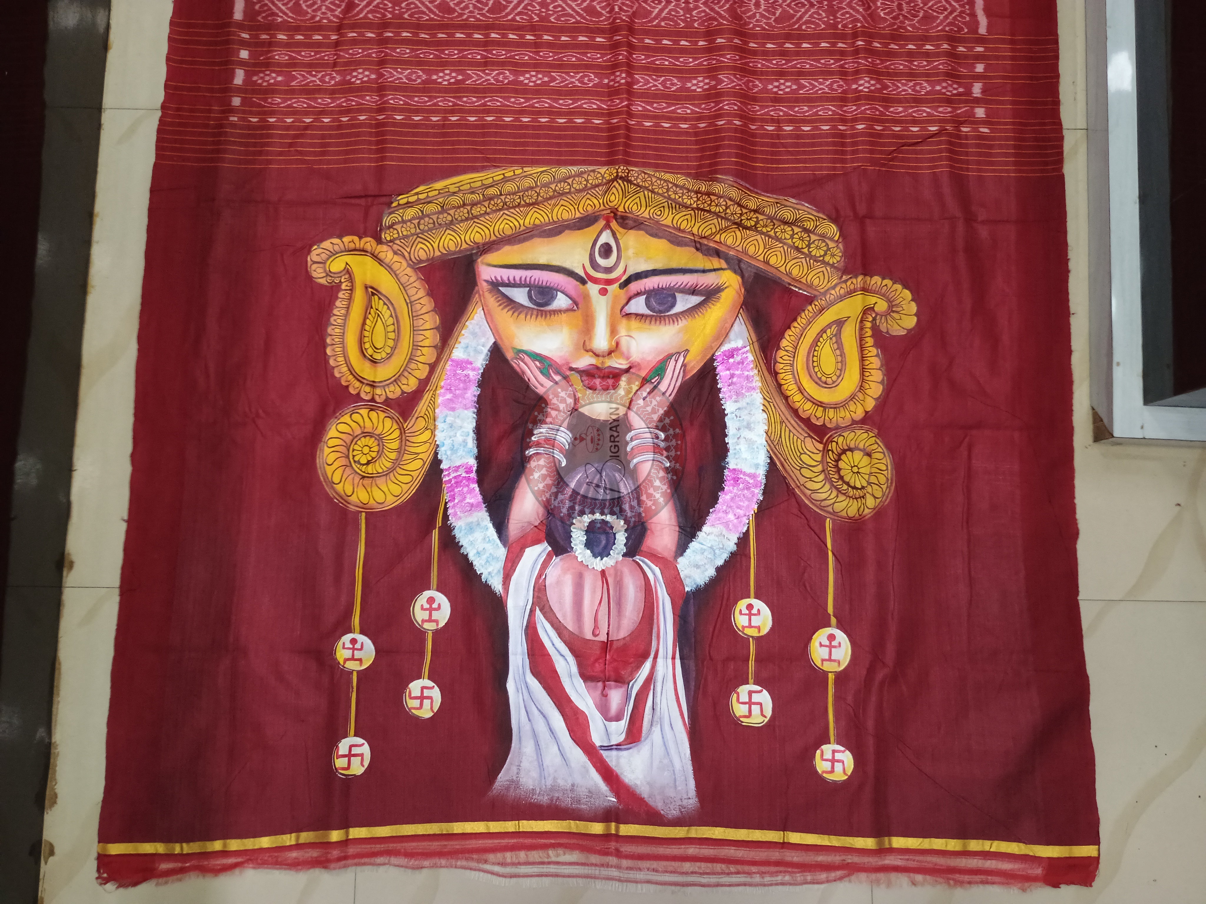Tussarite Maroon Durga Maa Theme Pattachitra Tussar Silk Saree