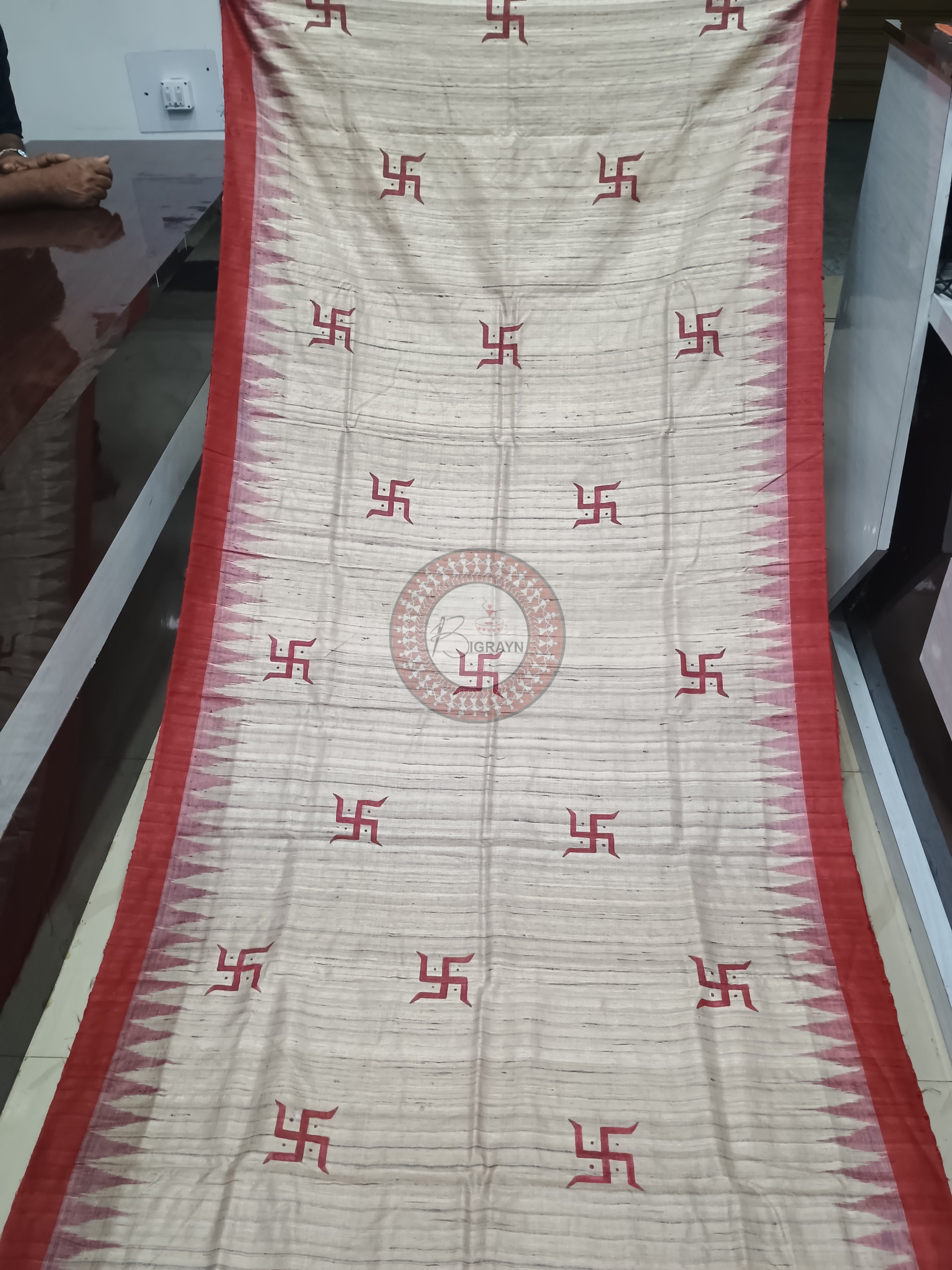 Tussarite Maroon Durga Maa Theme Pattachitra Tussar Silk Saree