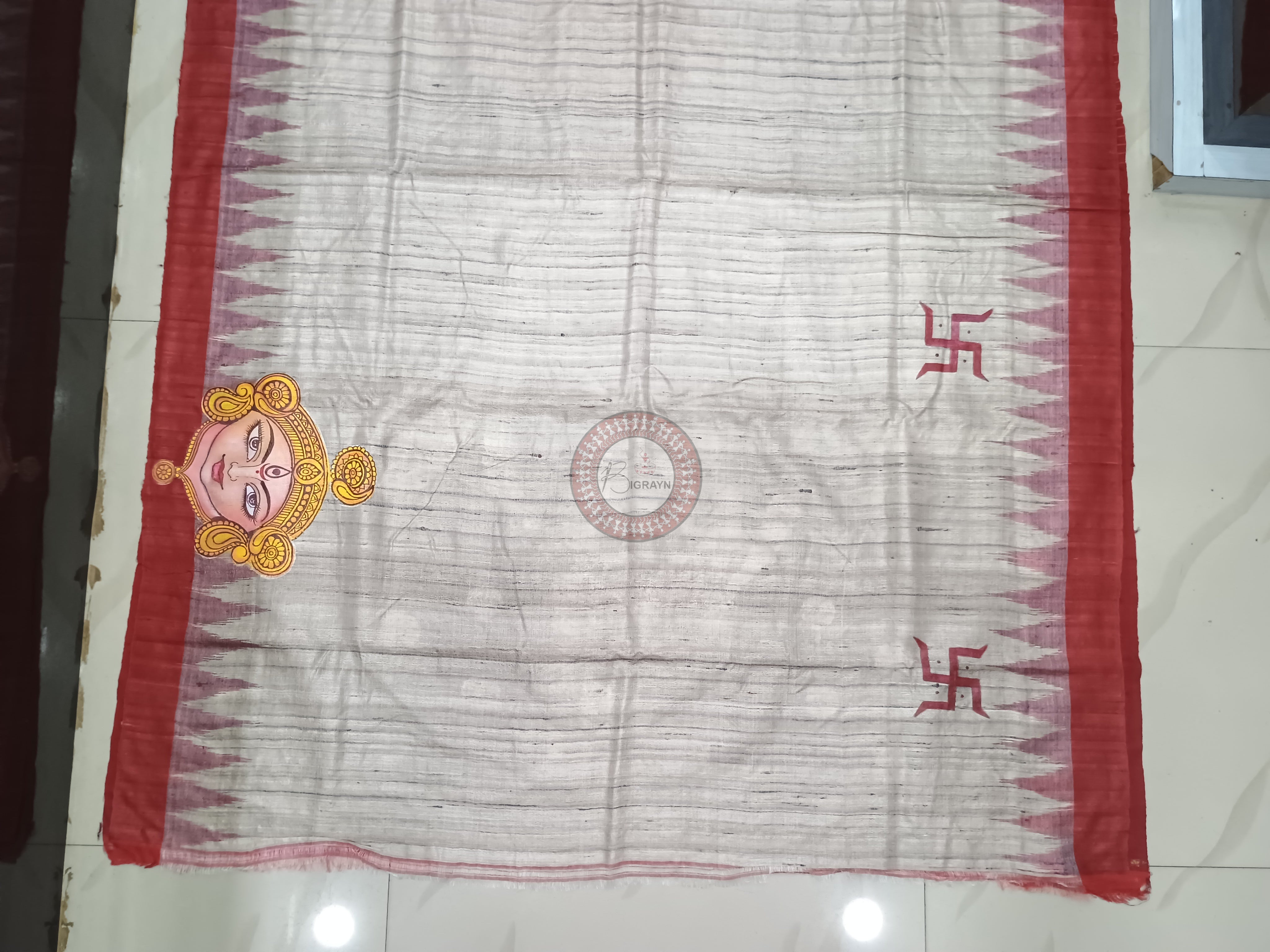 Tussarite Maroon Durga Maa Theme Pattachitra Tussar Silk Saree