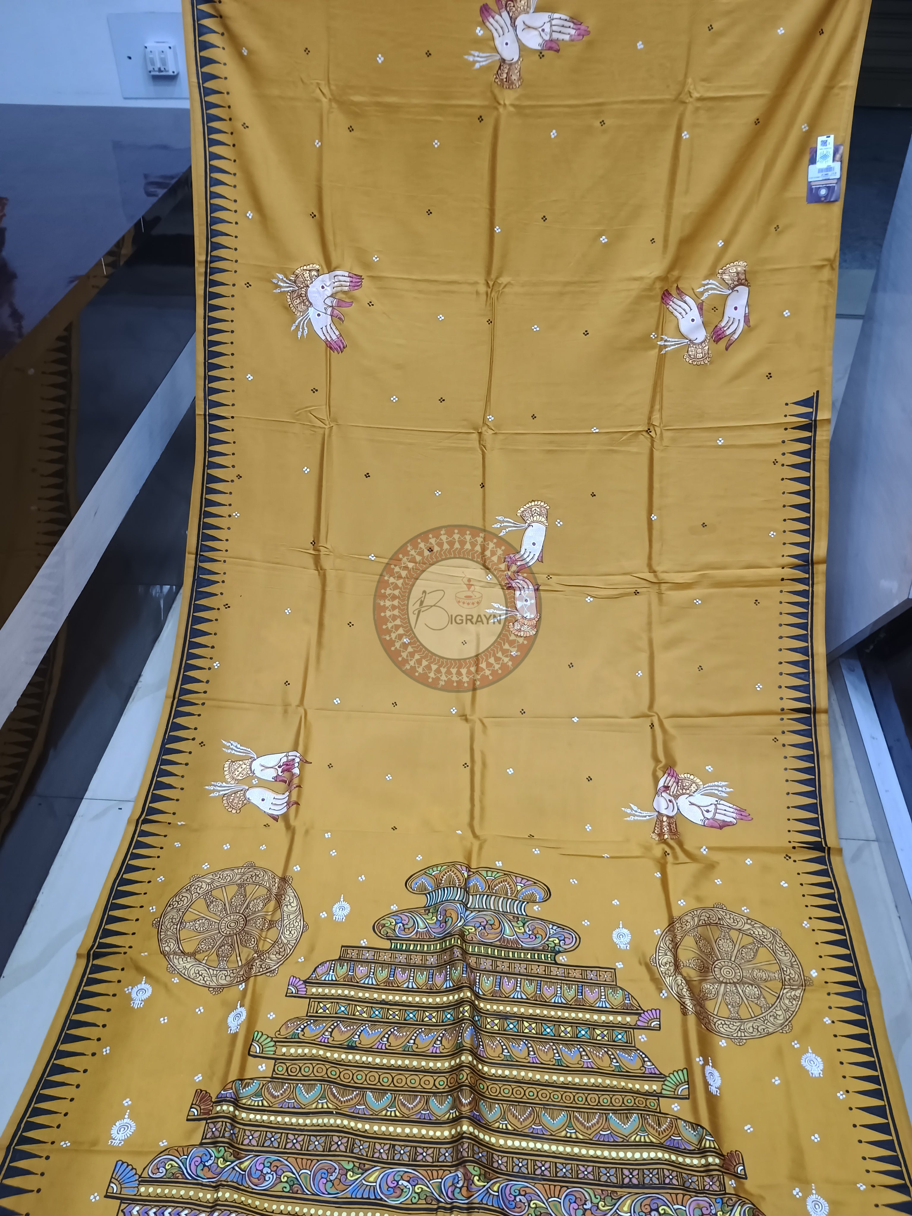 Yellow Konark Temple And Dancer Theme Pattachitra Khadi Silk Saree