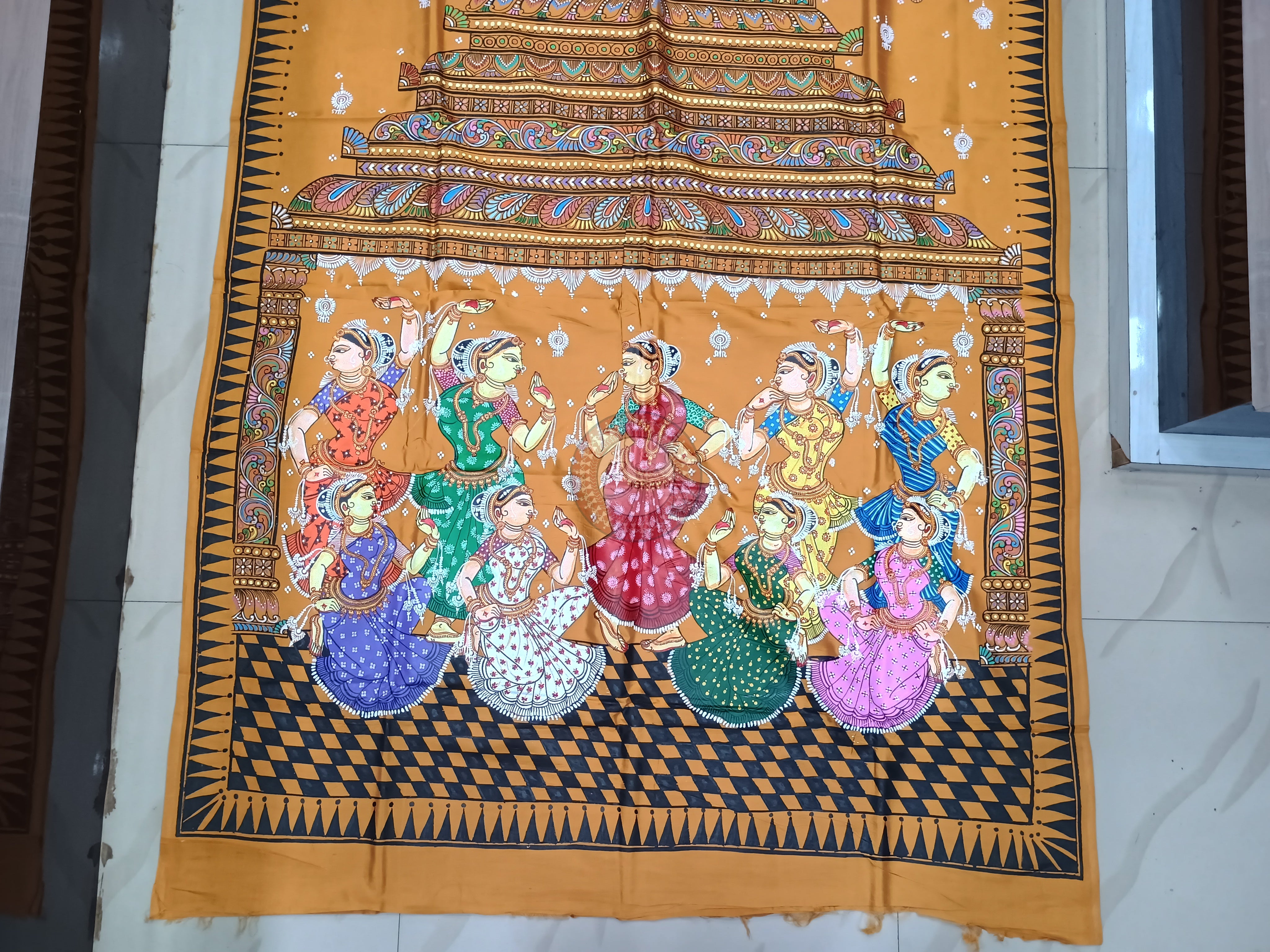 Yellow Konark Temple And Dancer Theme Pattachitra Khadi Silk Saree