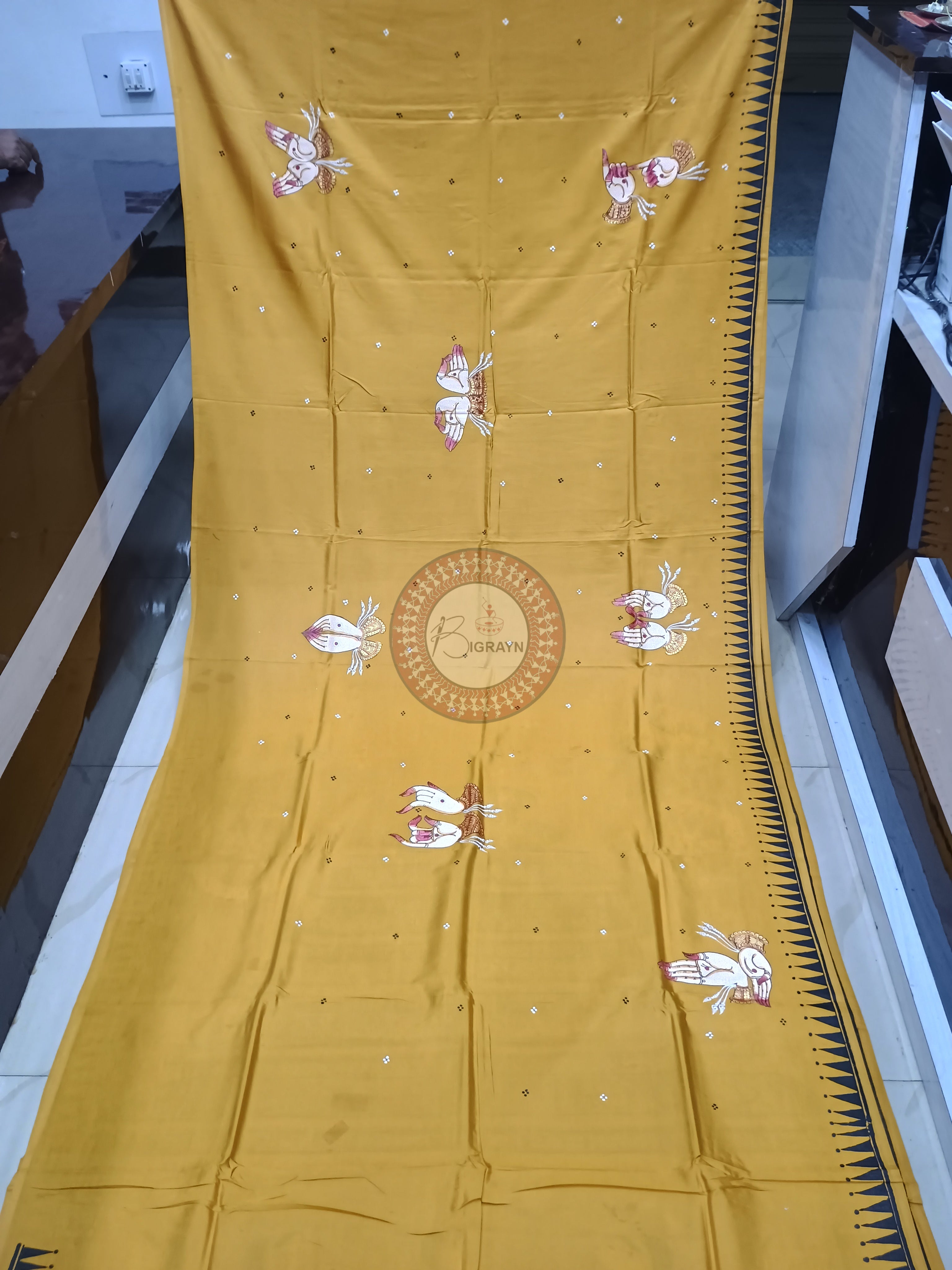 Yellow Konark Temple And Dancer Theme Pattachitra Khadi Silk Saree