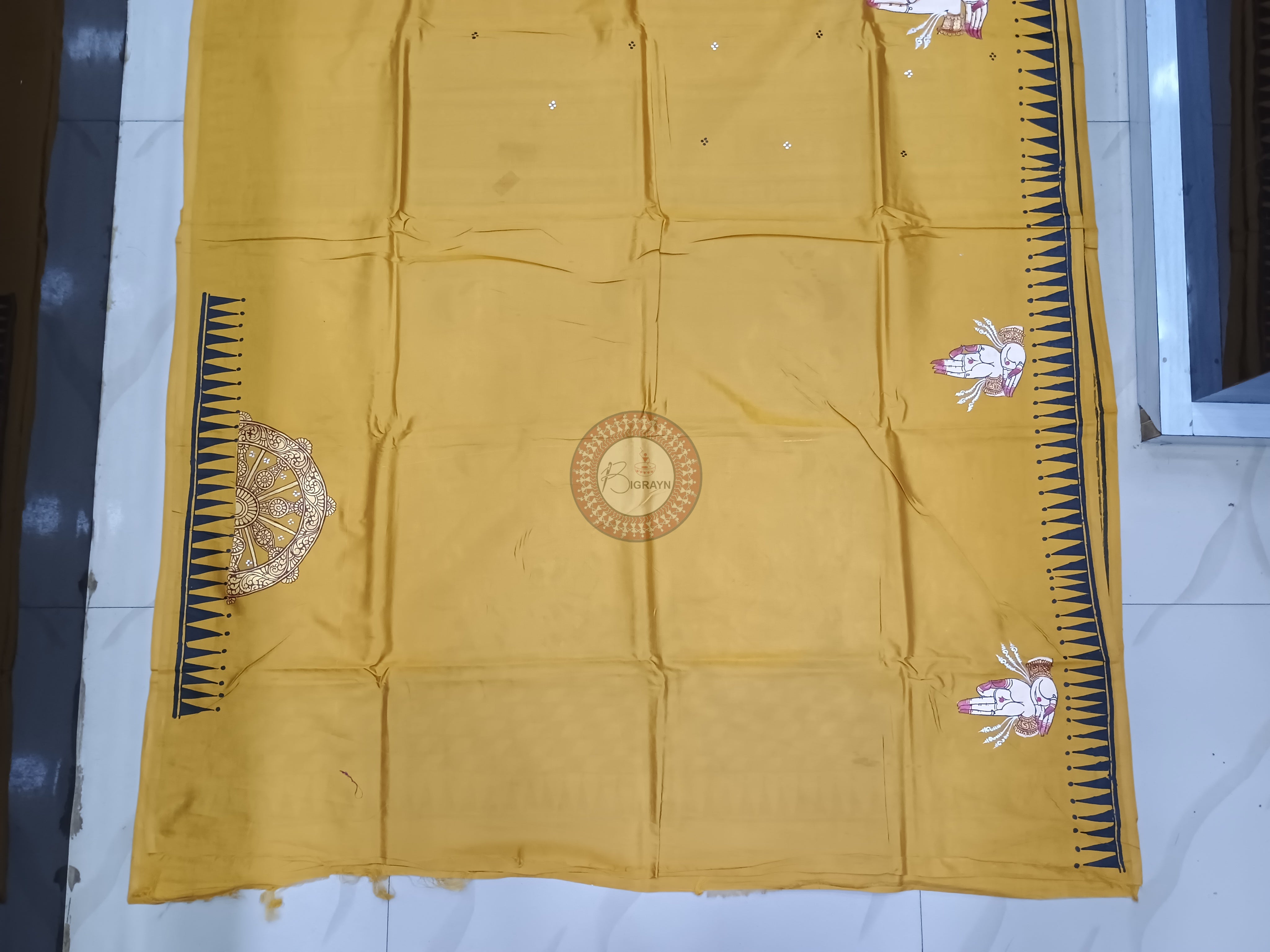 Yellow Konark Temple And Dancer Theme Pattachitra Khadi Silk Saree