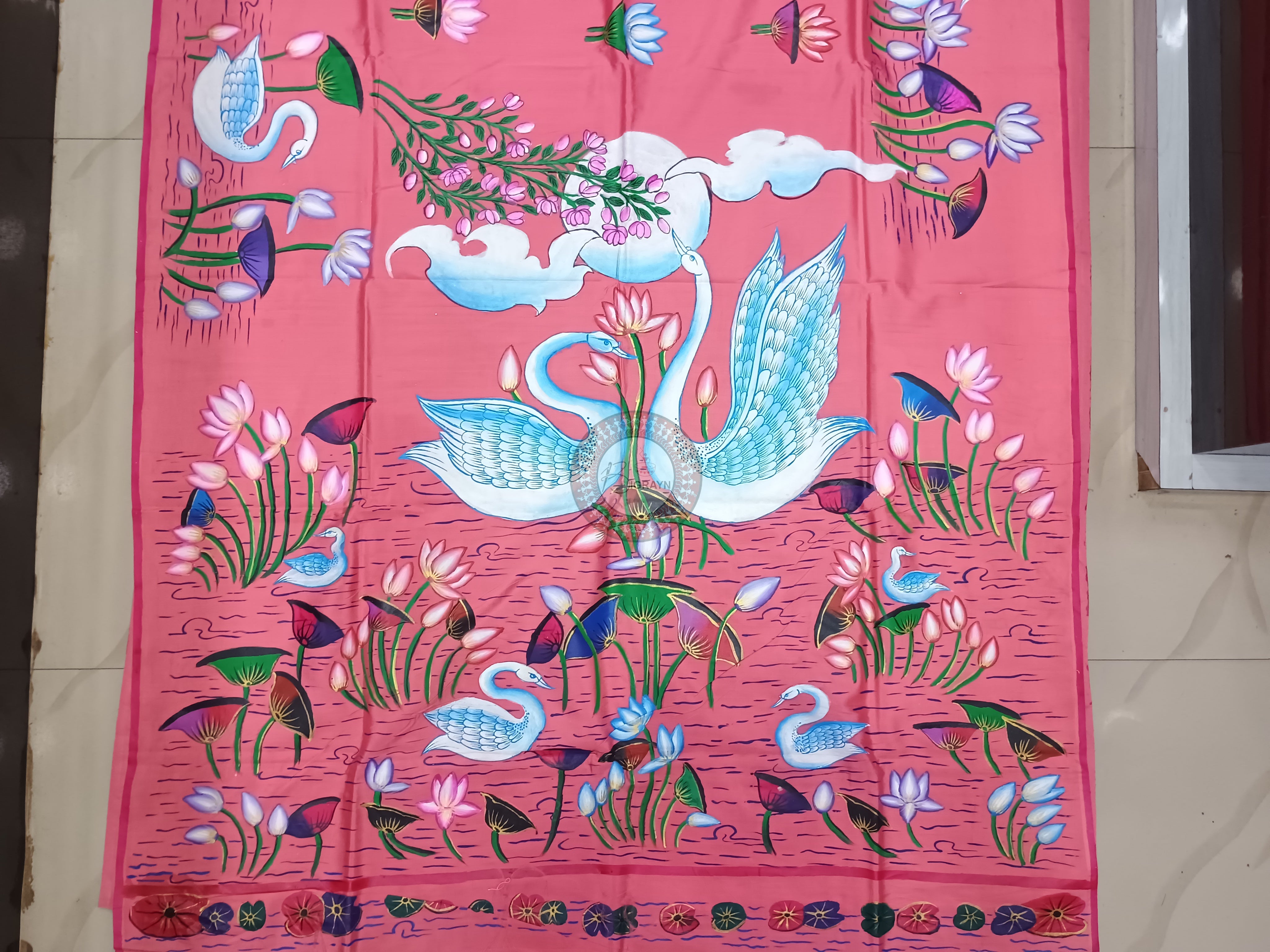 Pink Water Lily And Swan Theme Pattachitra Khadi Silk Saree