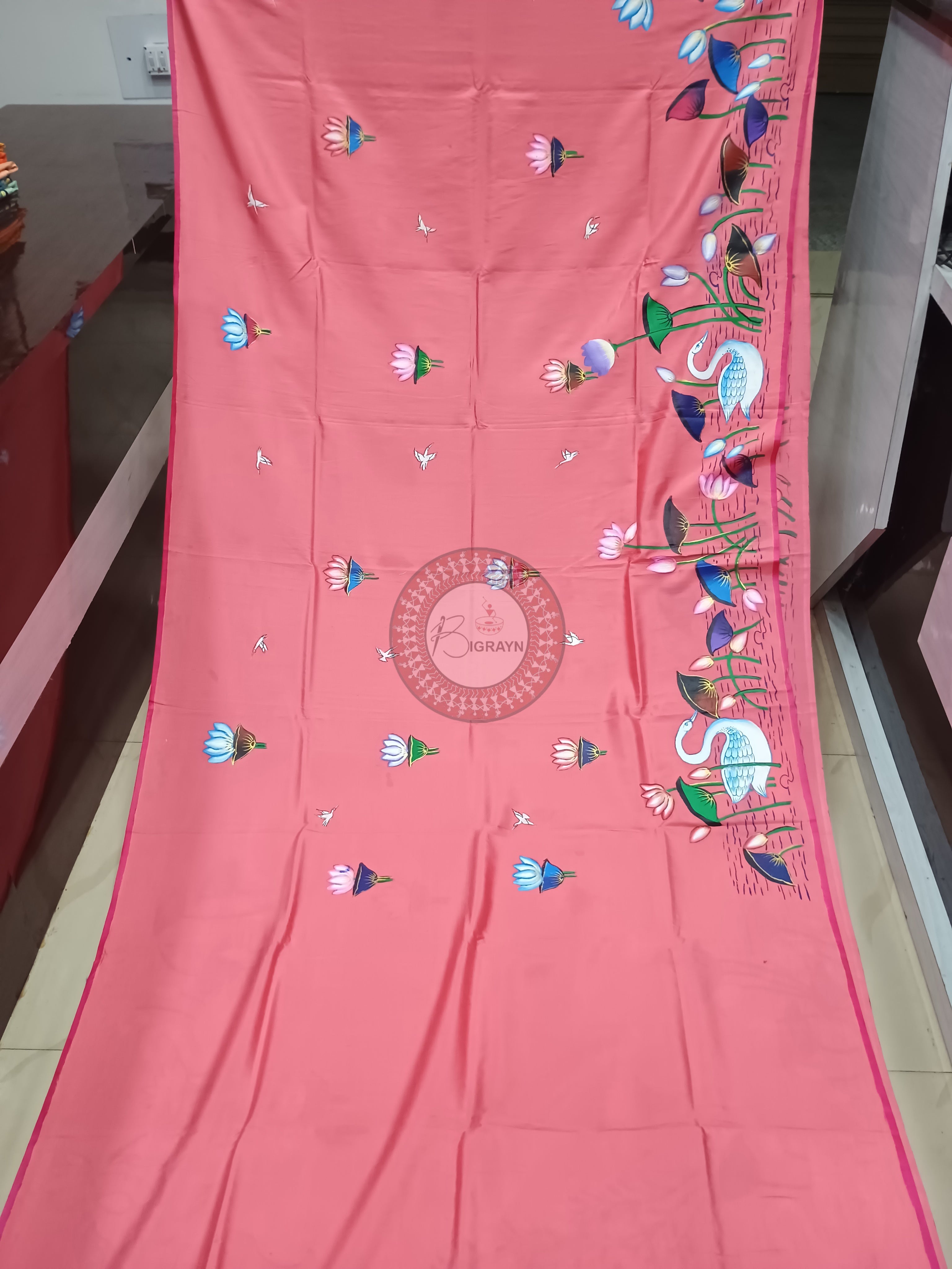 Pink Water Lily And Swan Theme Pattachitra Khadi Silk Saree