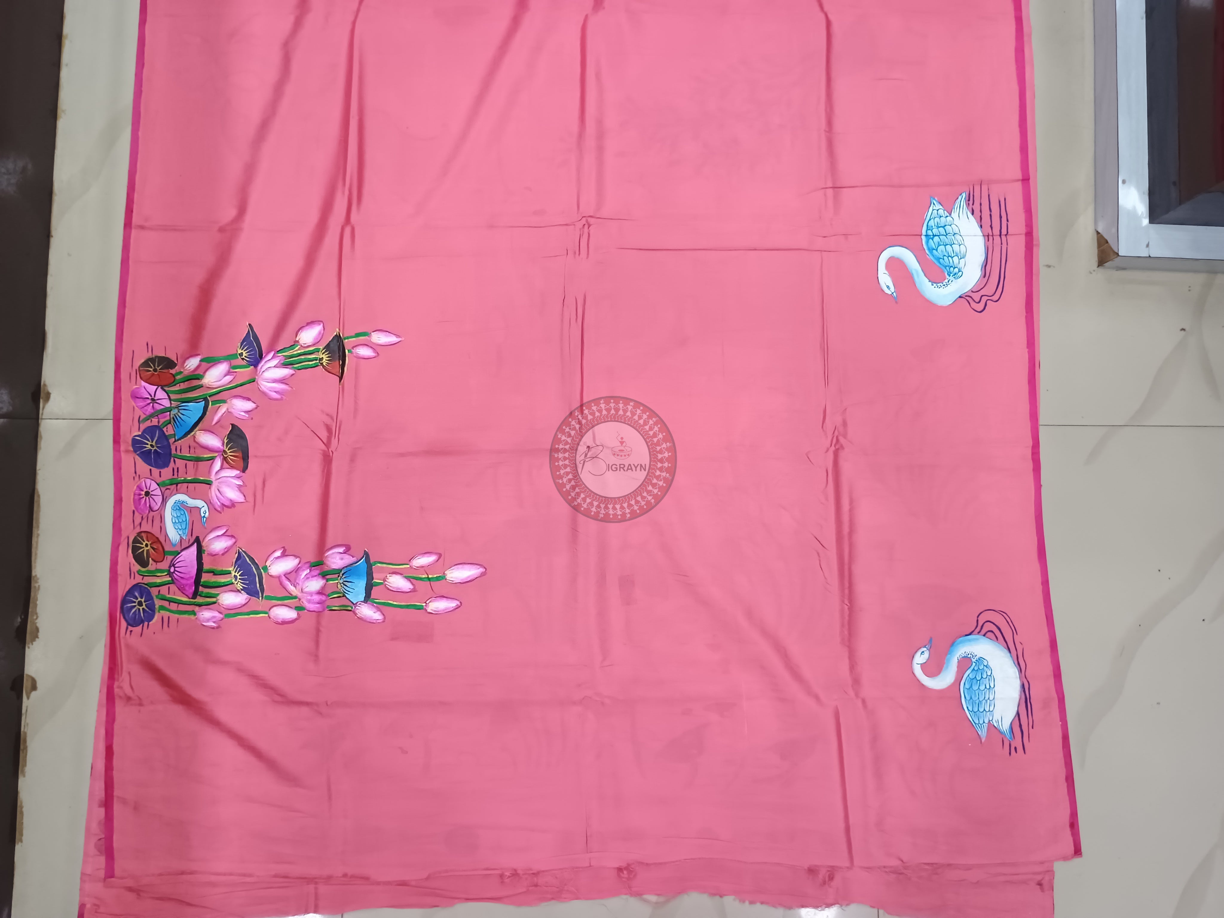 Pink Water Lily And Swan Theme Pattachitra Khadi Silk Saree