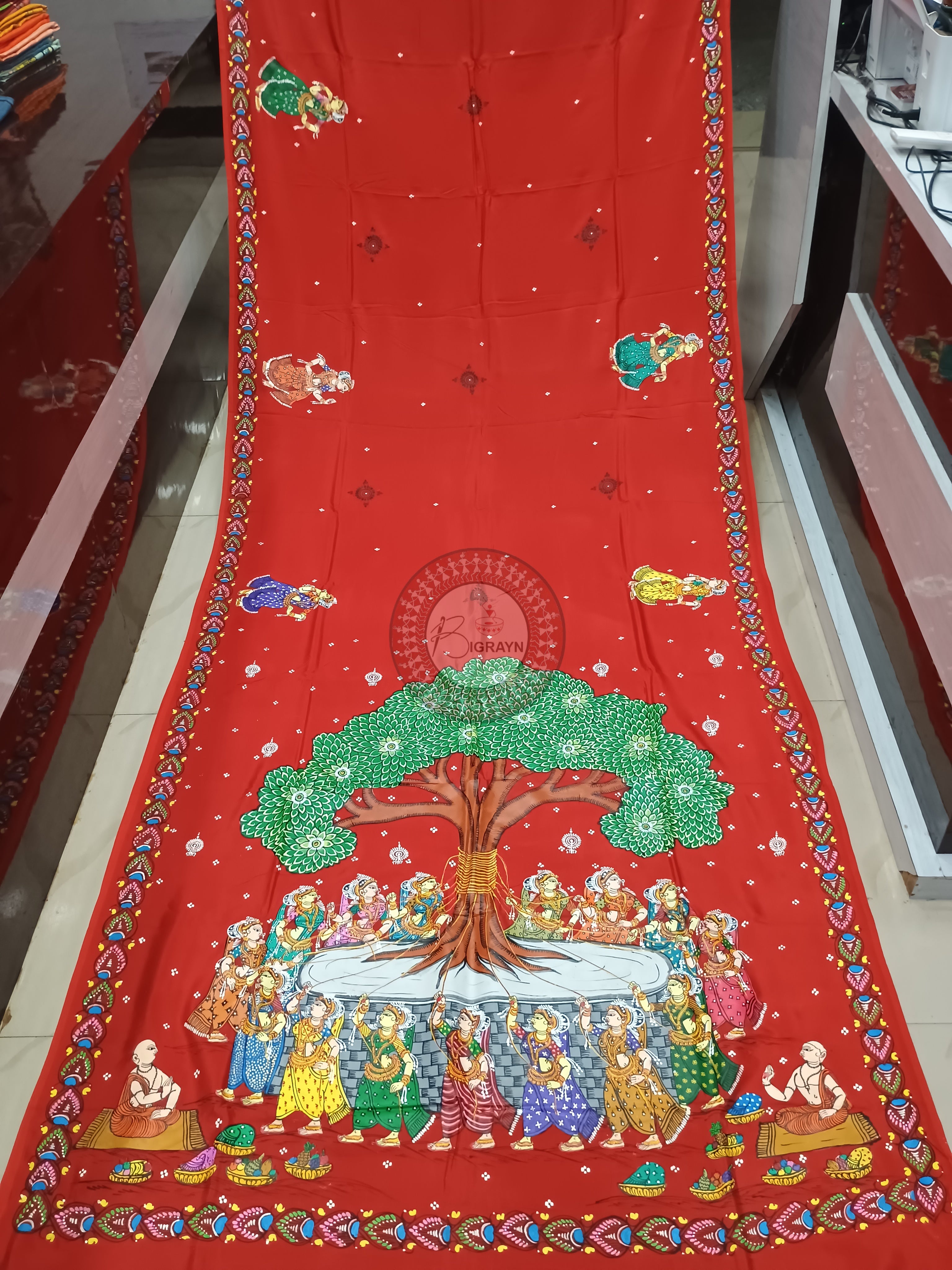 Red Bata Sabitri Theme Pattachitra Khadi Silk Saree