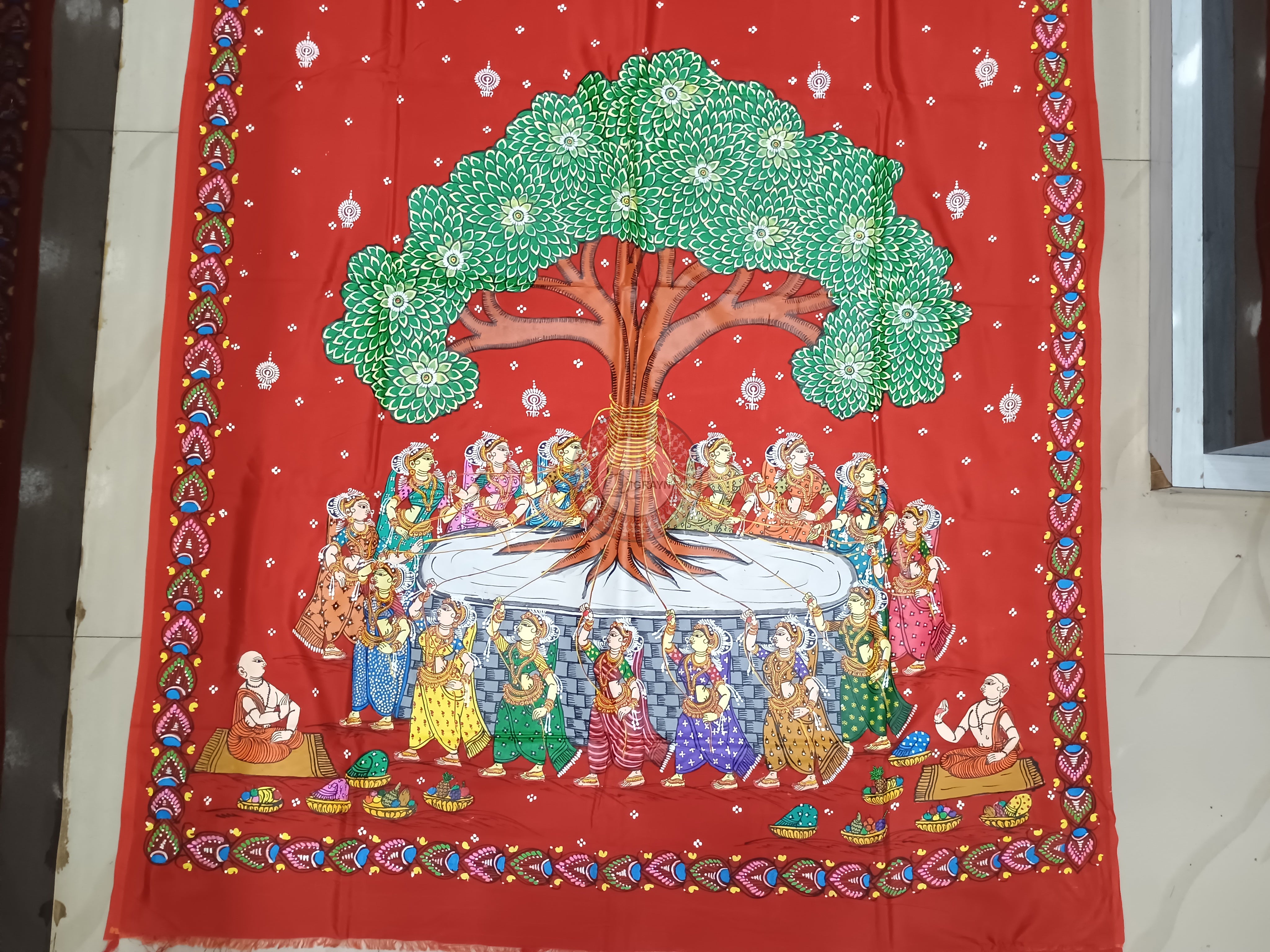 Red Bata Sabitri Theme Pattachitra Khadi Silk Saree