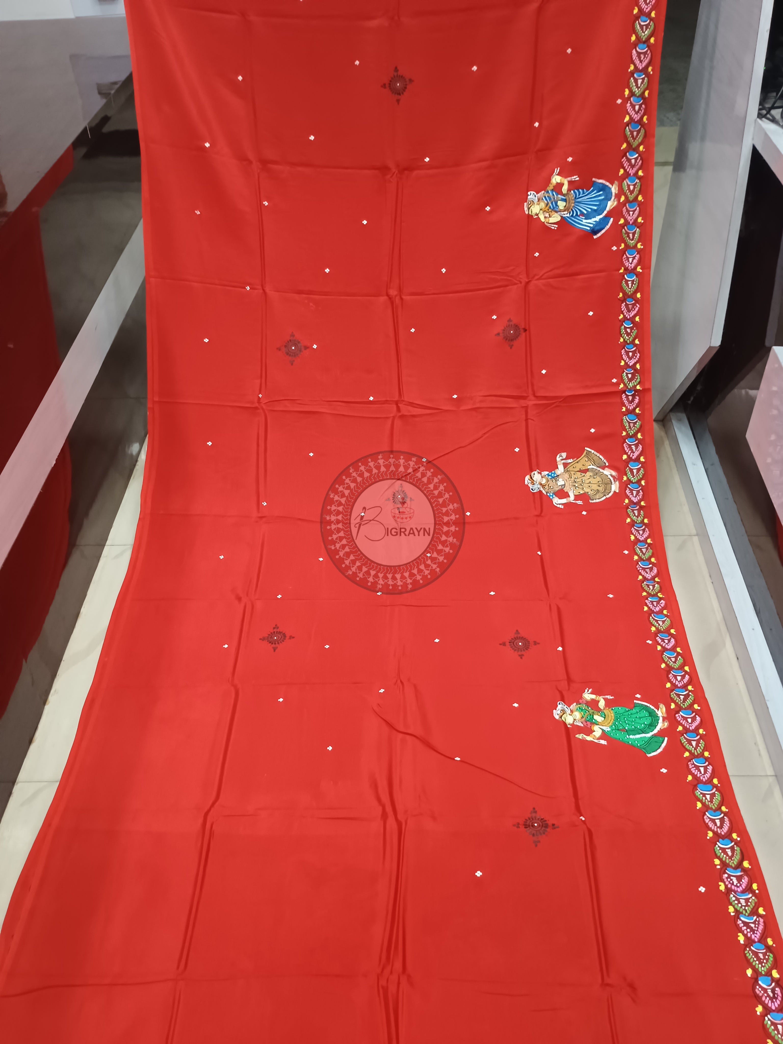 Red Bata Sabitri Theme Pattachitra Khadi Silk Saree