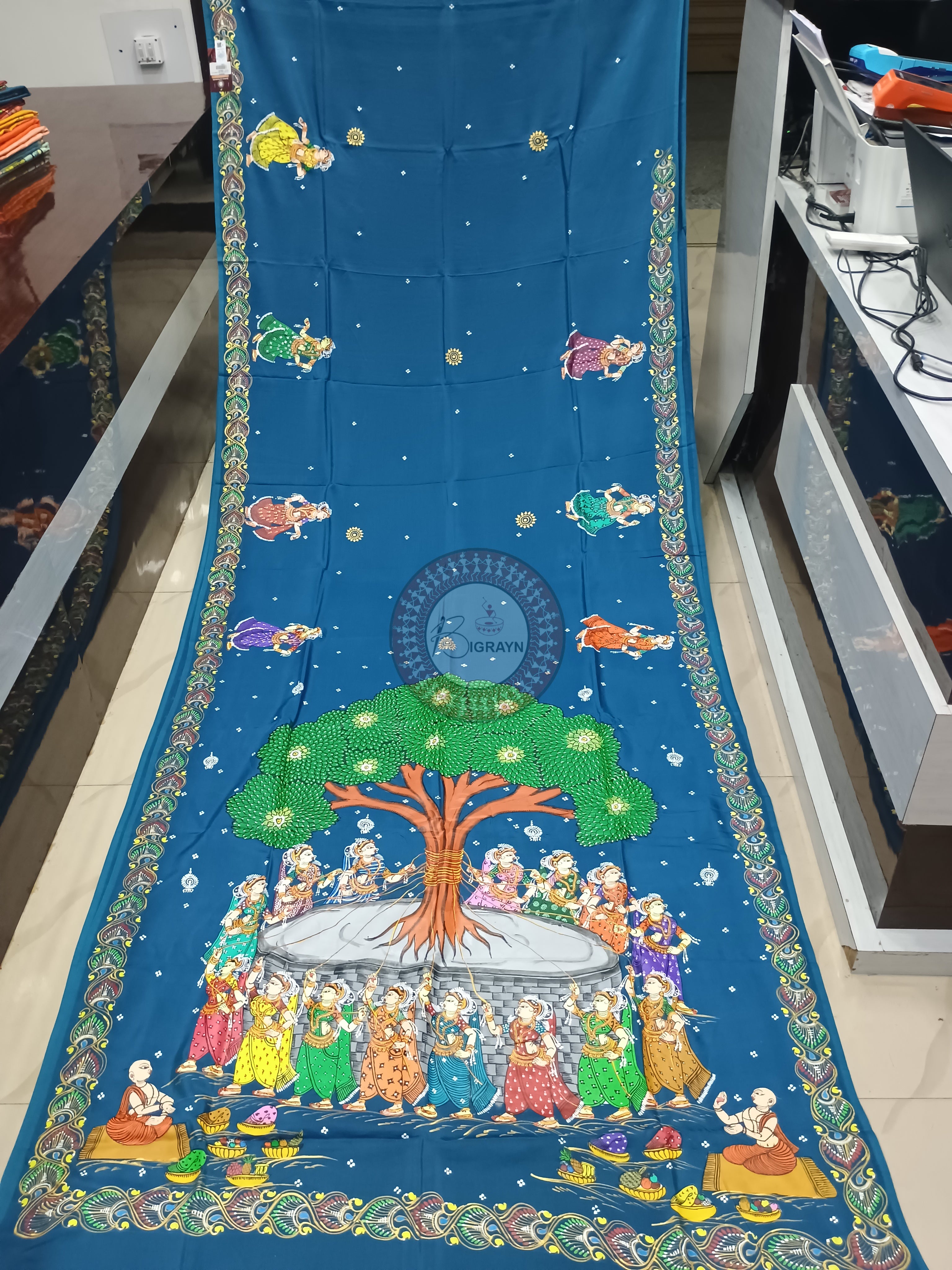 Teal Blue Bata Sabitri Theme Pattachitra Khadi Silk Saree