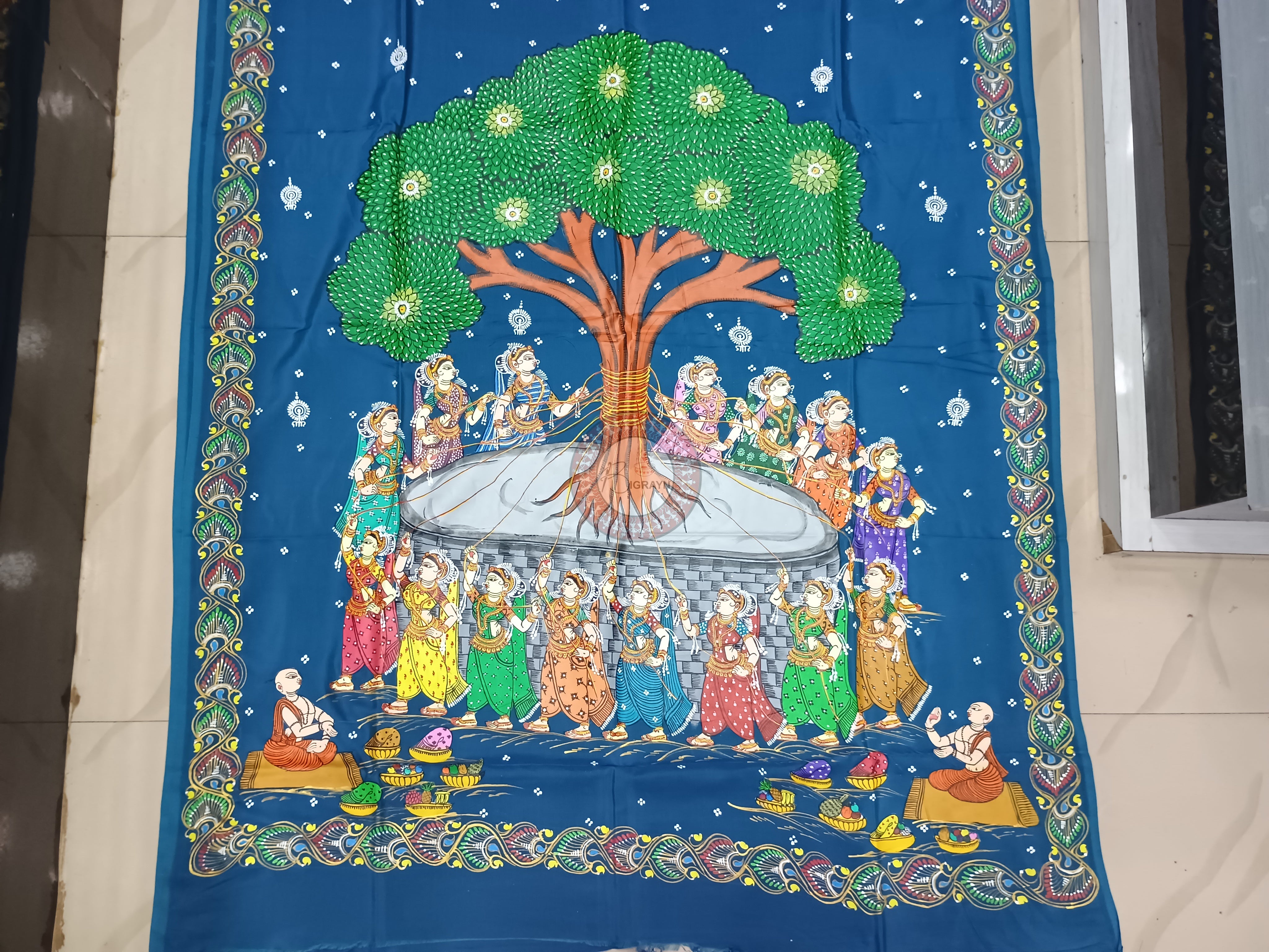 Teal Blue Bata Sabitri Theme Pattachitra Khadi Silk Saree