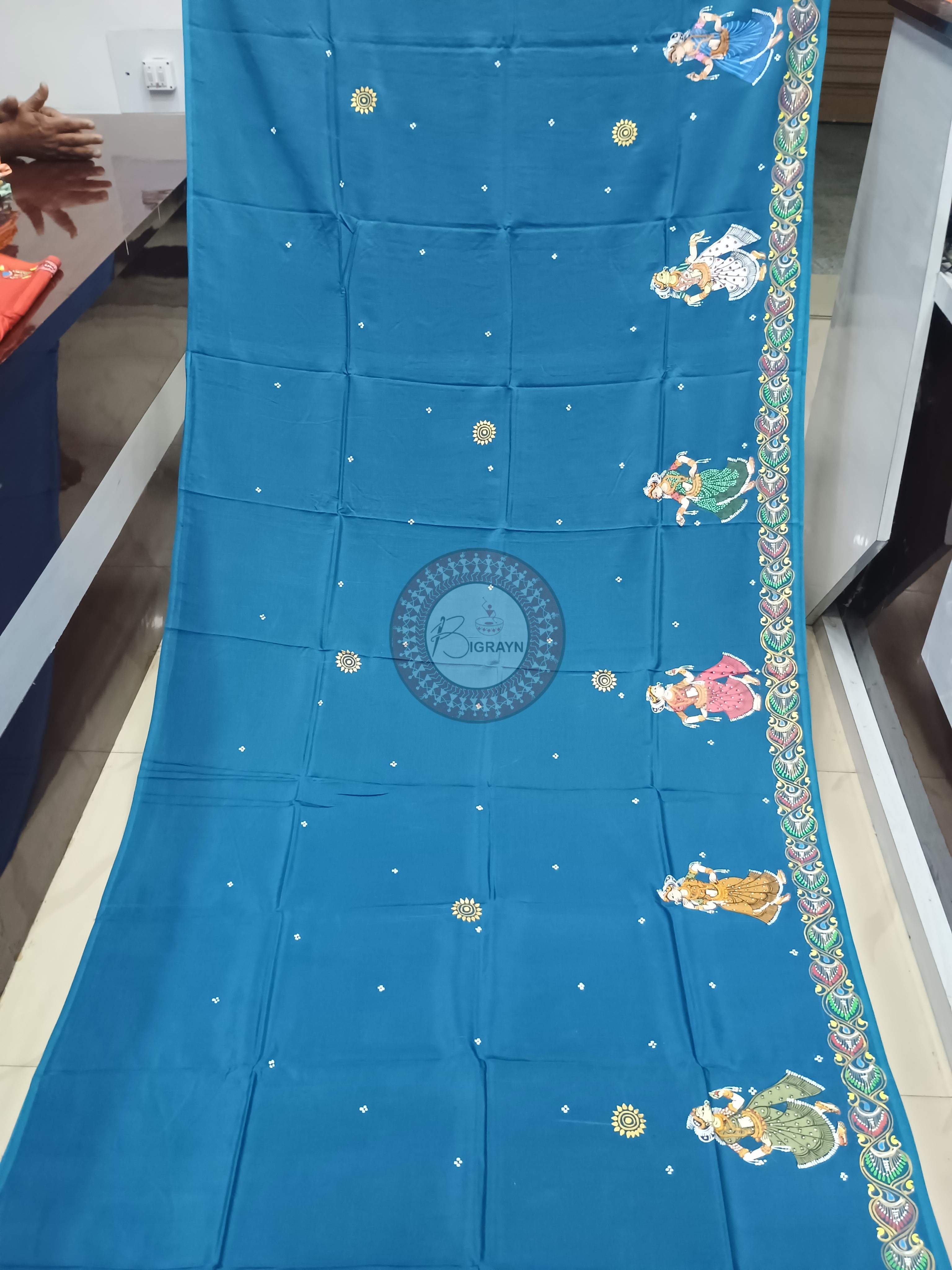 Teal Blue Bata Sabitri Theme Pattachitra Khadi Silk Saree