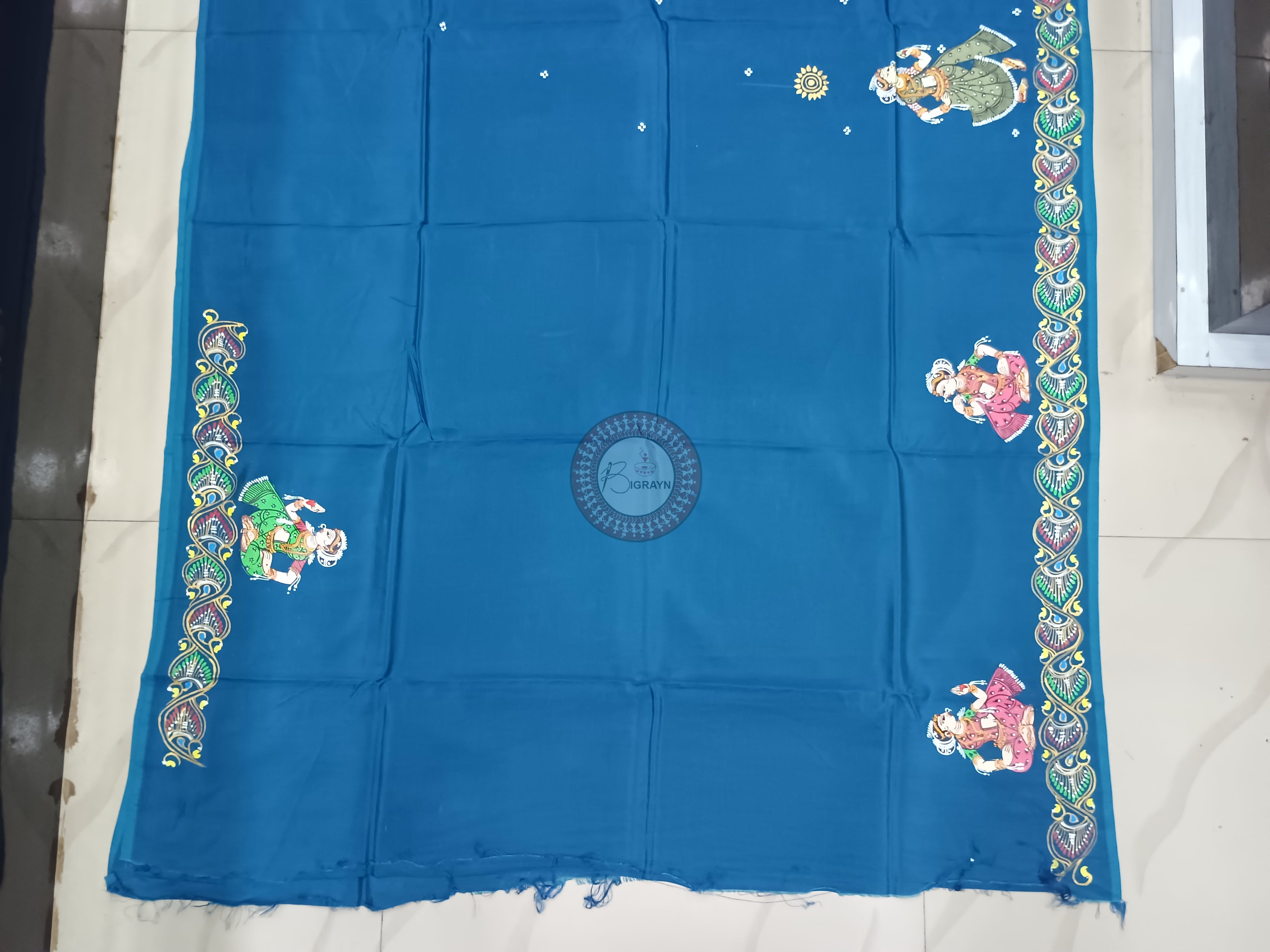 Teal Blue Bata Sabitri Theme Pattachitra Khadi Silk Saree