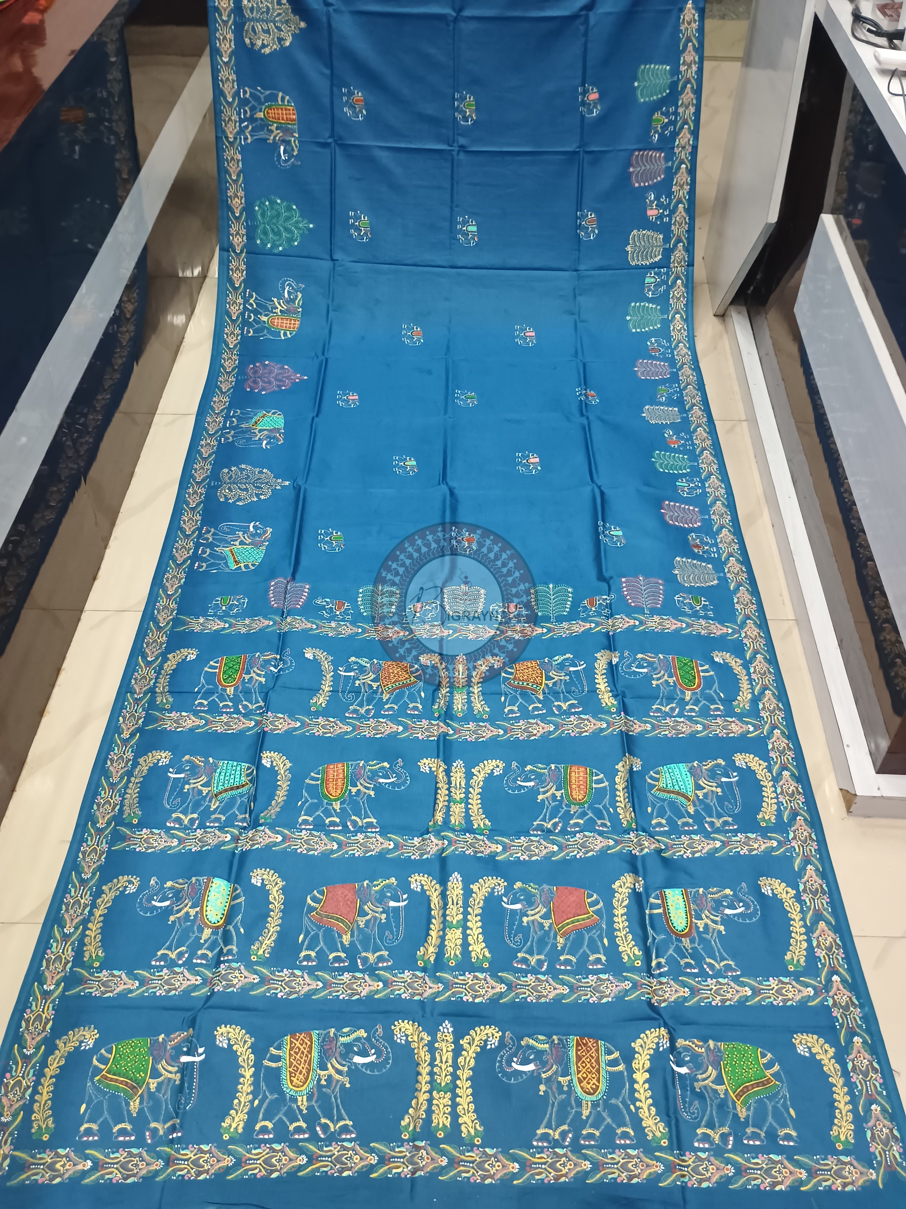 Teal Blue Elephant Theme Pattachitra Khadi Silk Saree