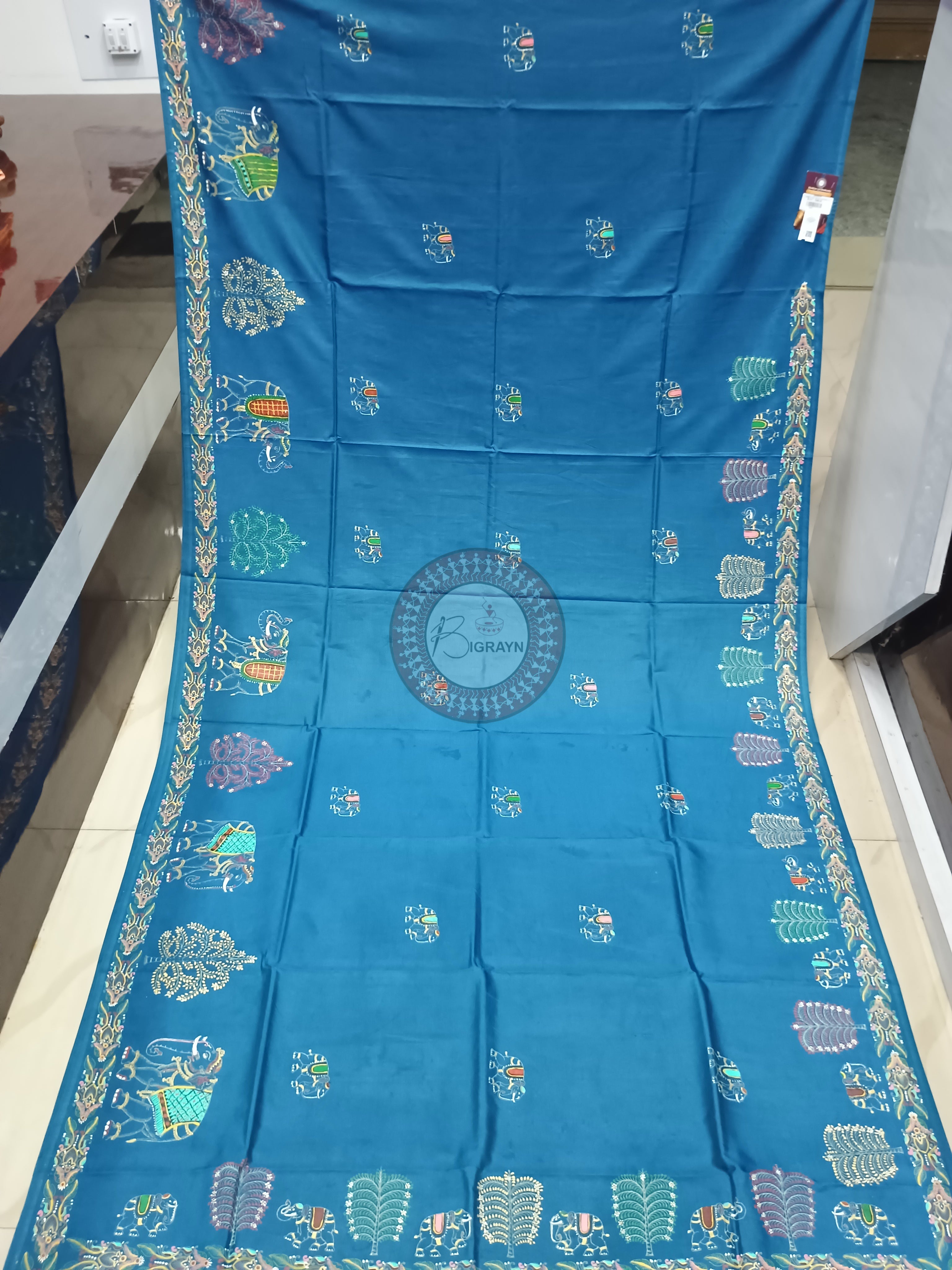 Teal Blue Elephant Theme Pattachitra Khadi Silk Saree