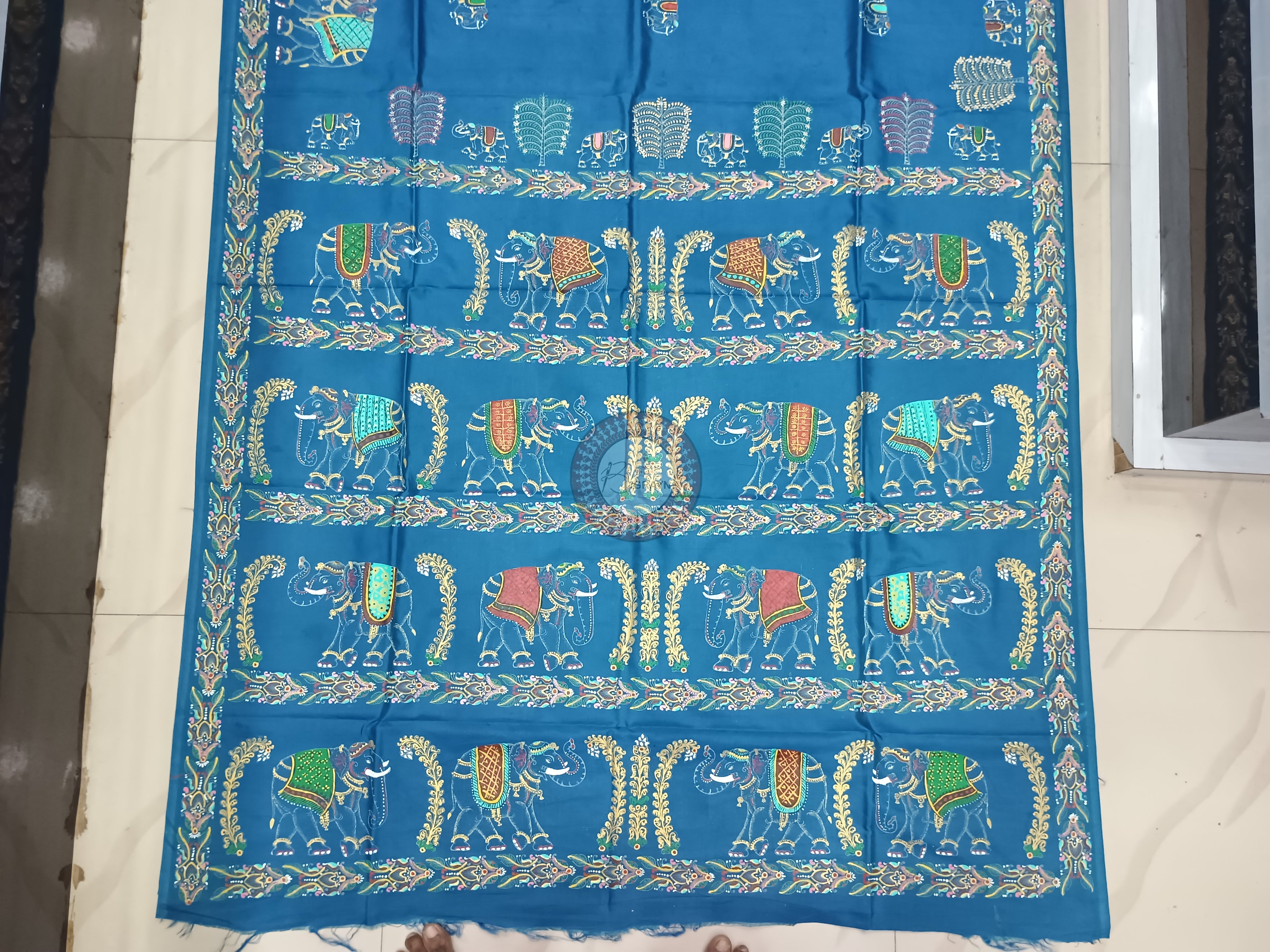 Teal Blue Elephant Theme Pattachitra Khadi Silk Saree