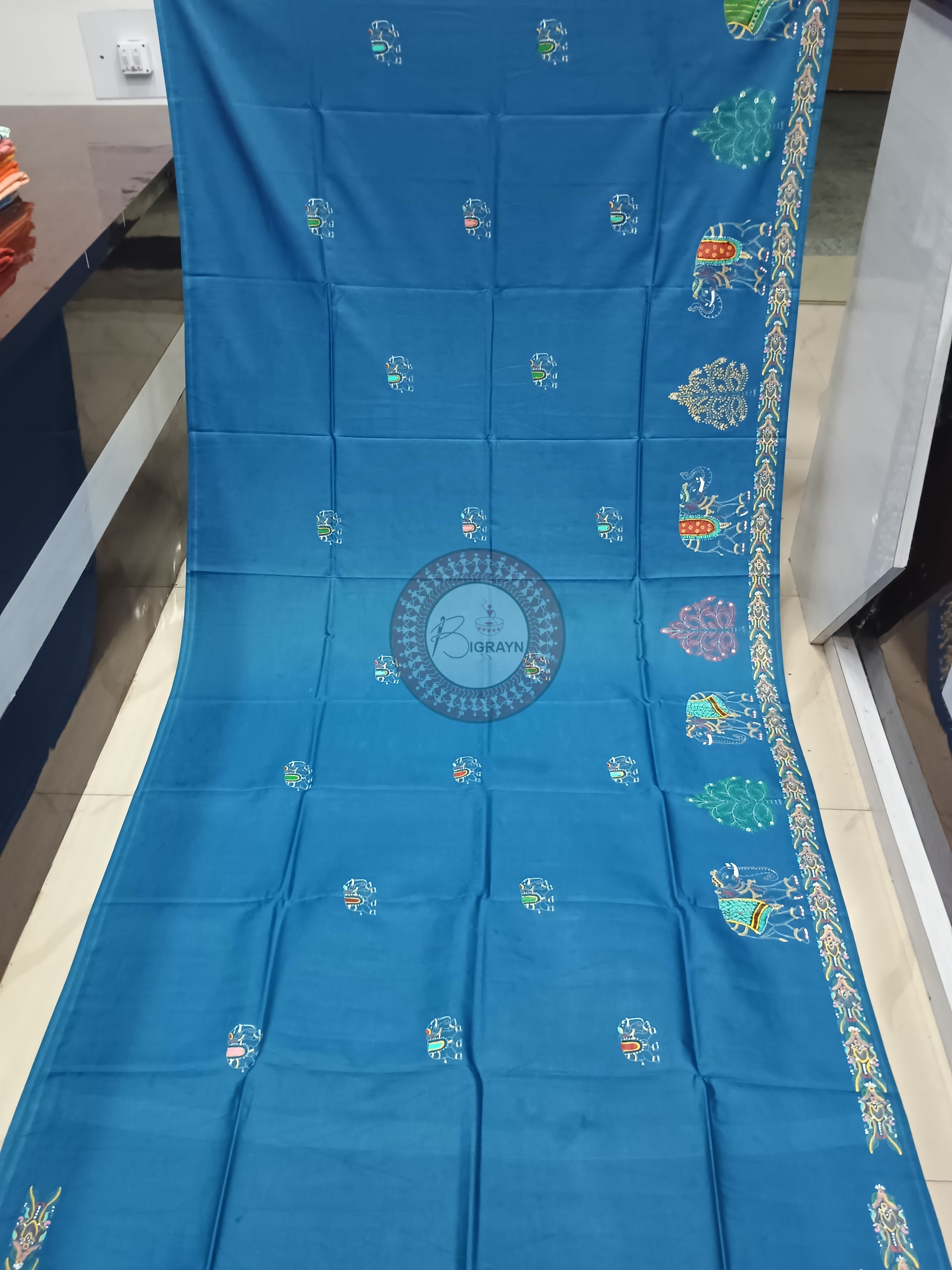 Teal Blue Elephant Theme Pattachitra Khadi Silk Saree