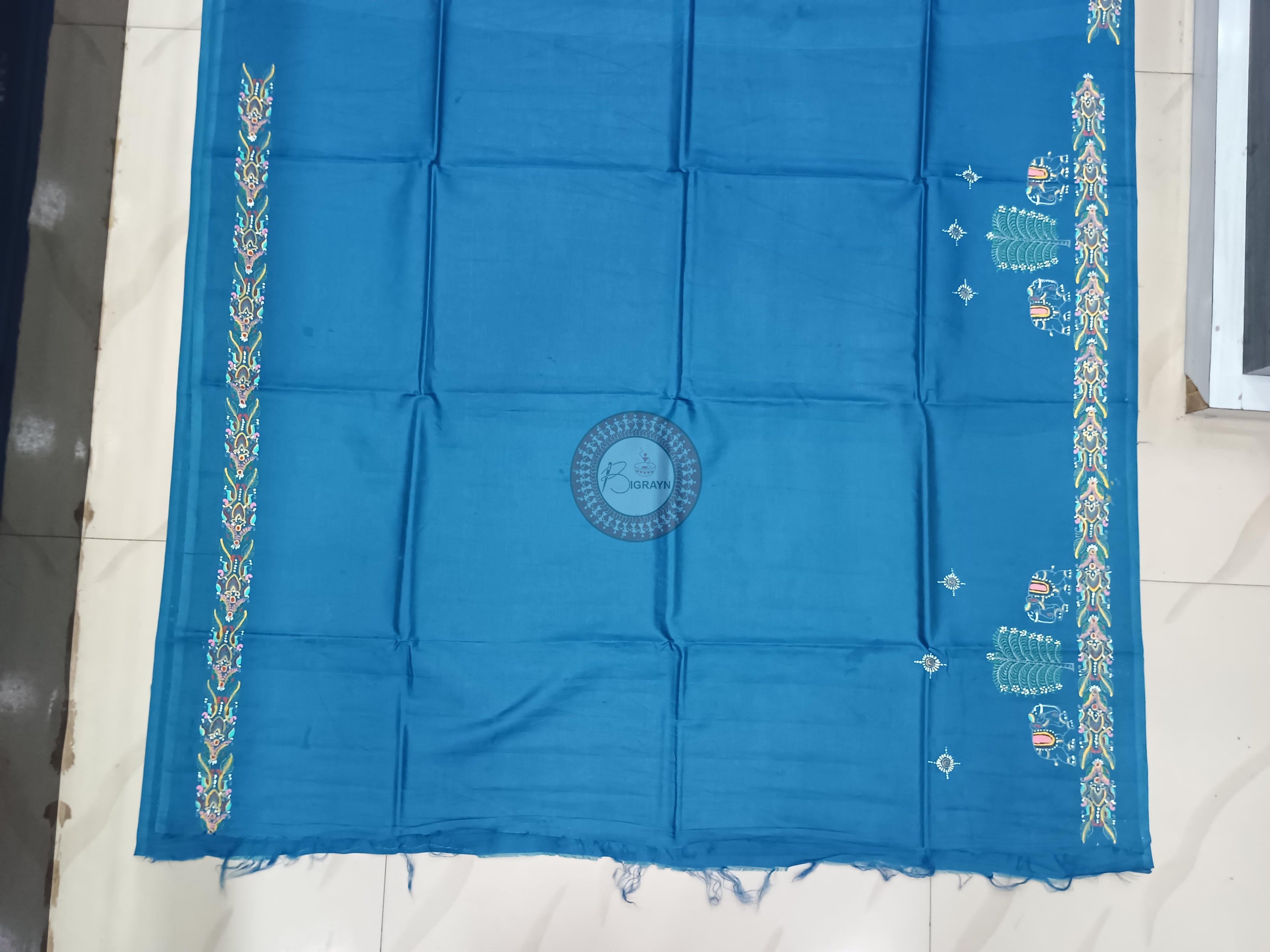 Teal Blue Elephant Theme Pattachitra Khadi Silk Saree