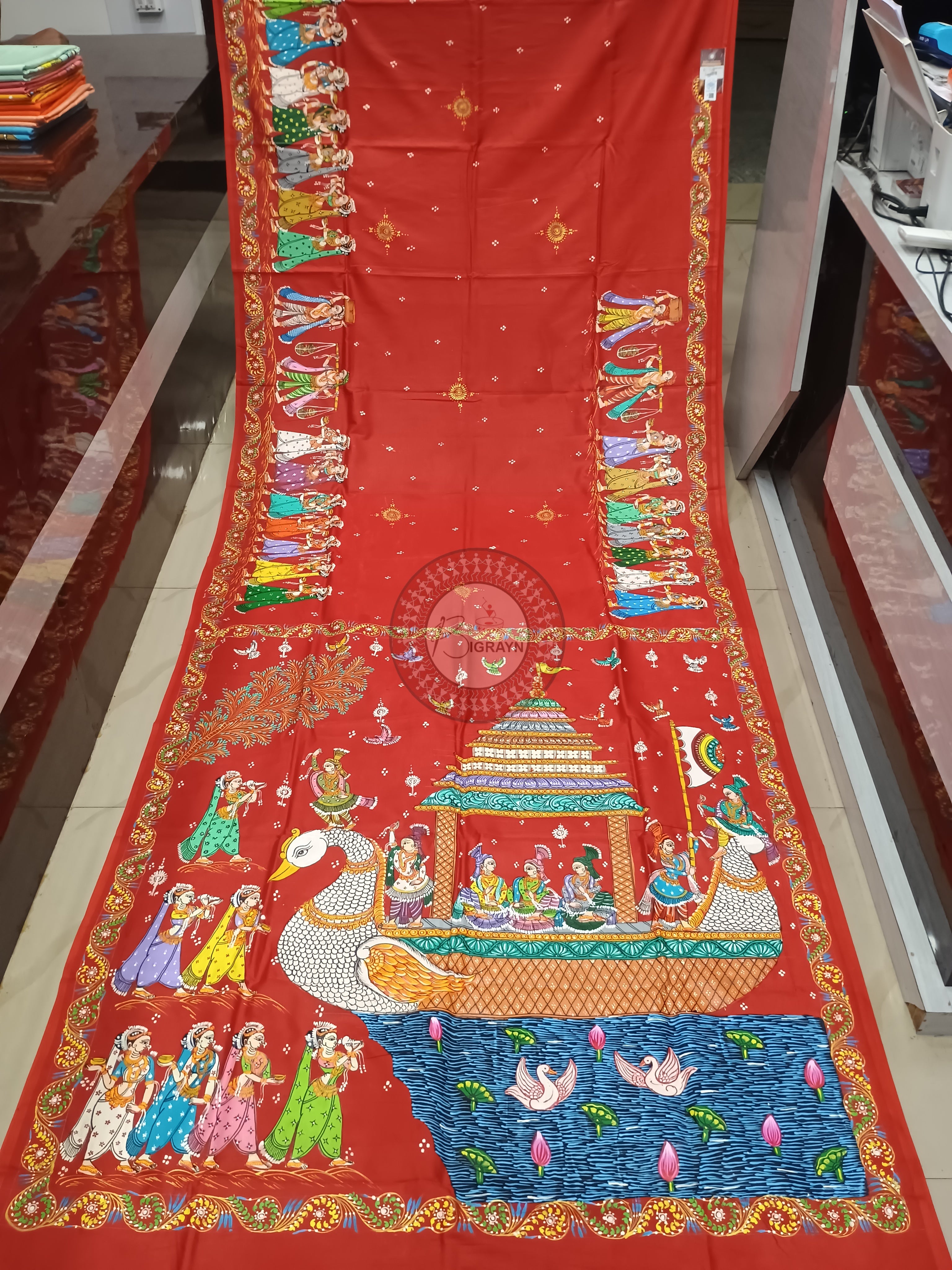 Red Boita Bandan Theme Pattachitra Khadi Silk Saree