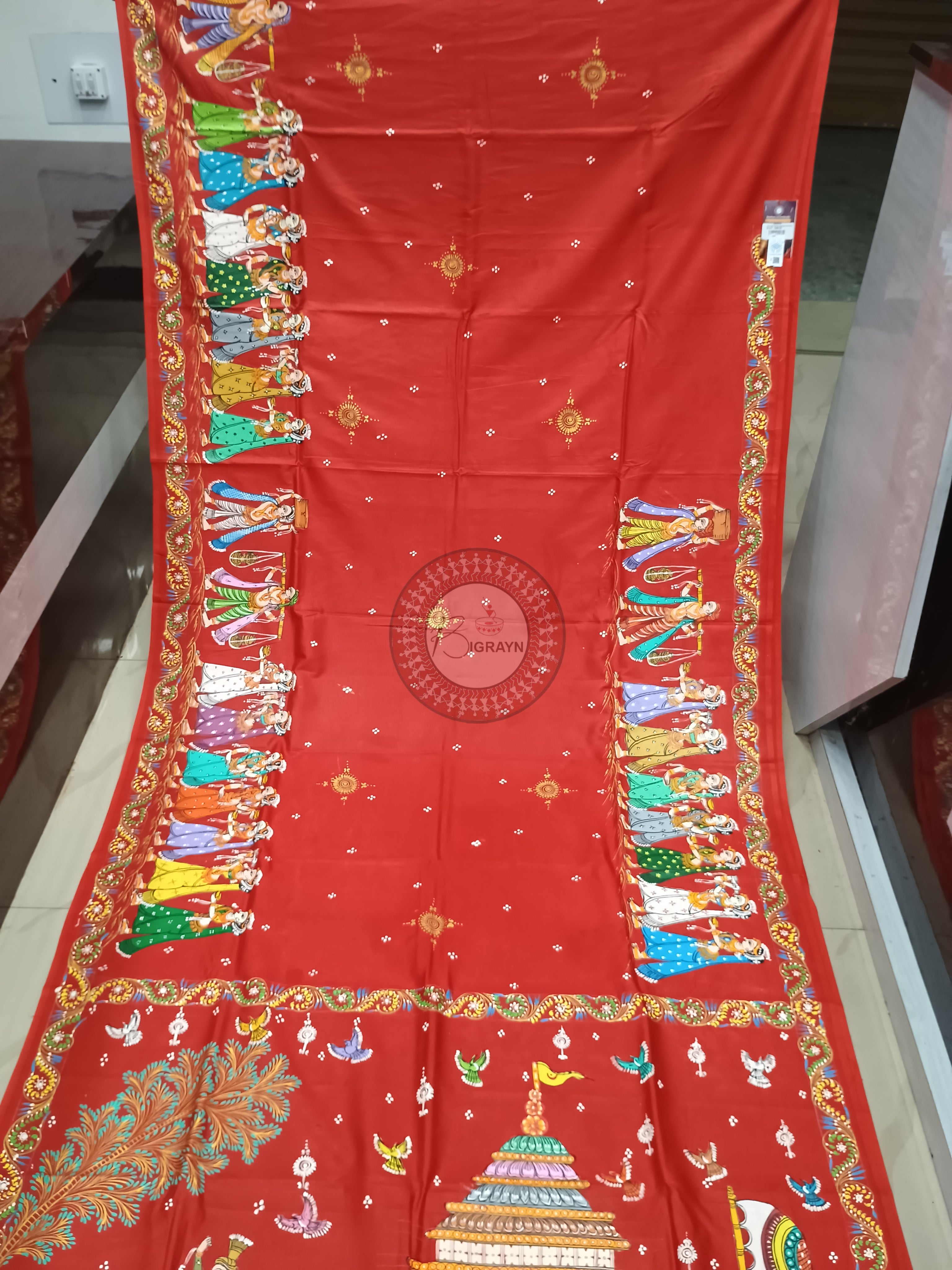 Red Boita Bandan Theme Pattachitra Khadi Silk Saree