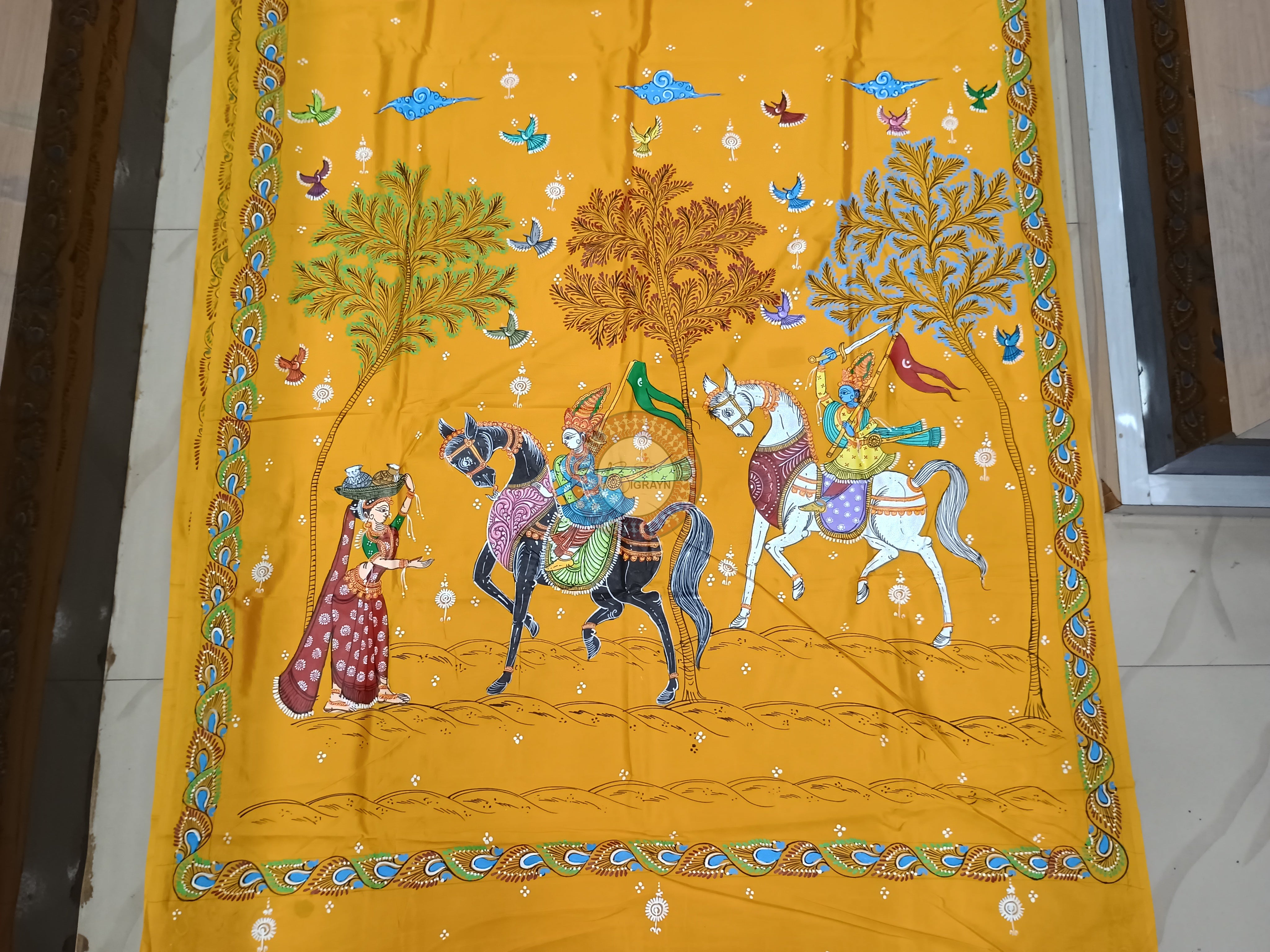Yellow Kanchi Abhiyan Theme Pattachitra Khadi Silk Saree
