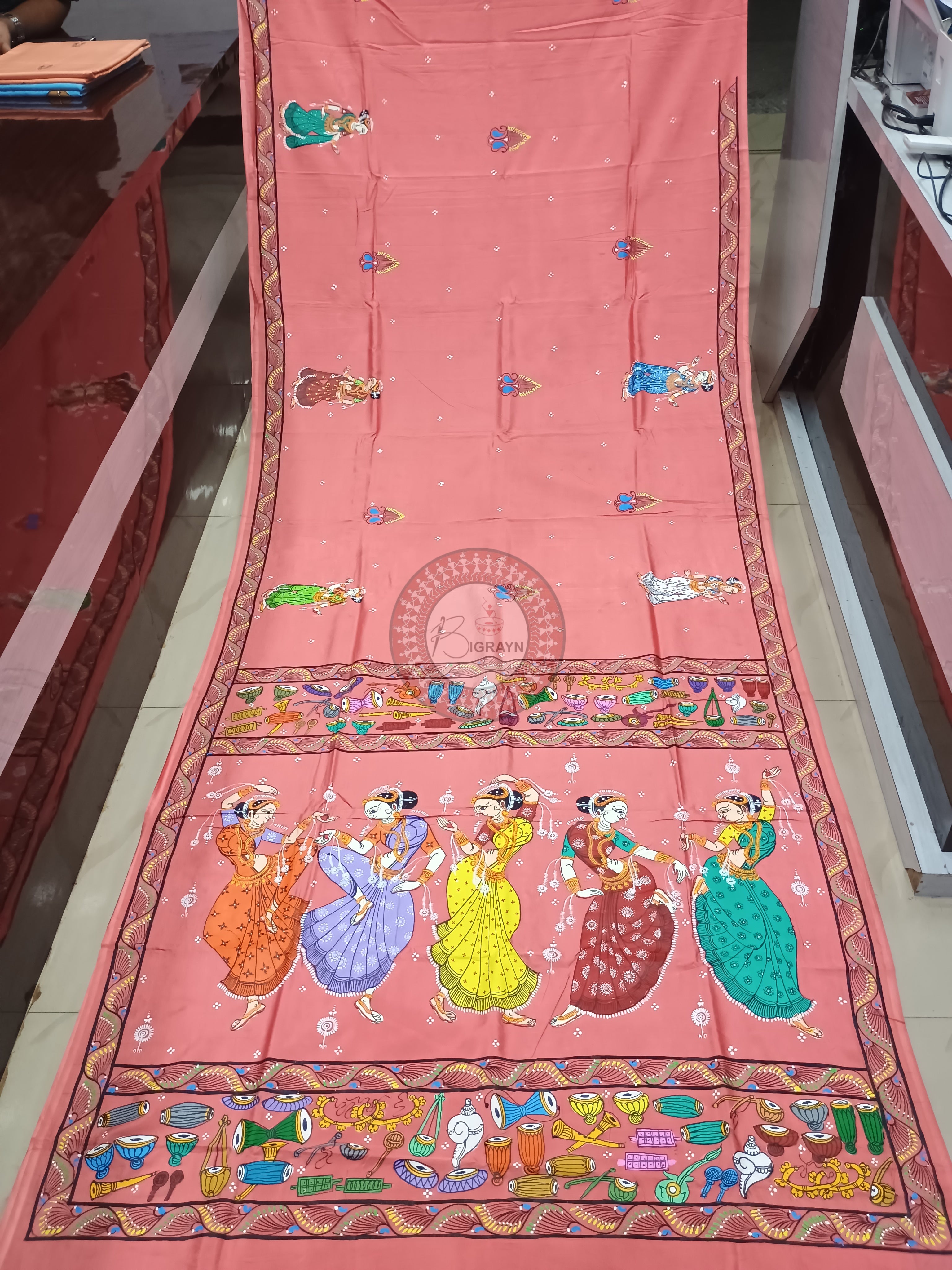 Peach Dancer And Musical Instruments Theme Pattachitra Khadi Silk Saree