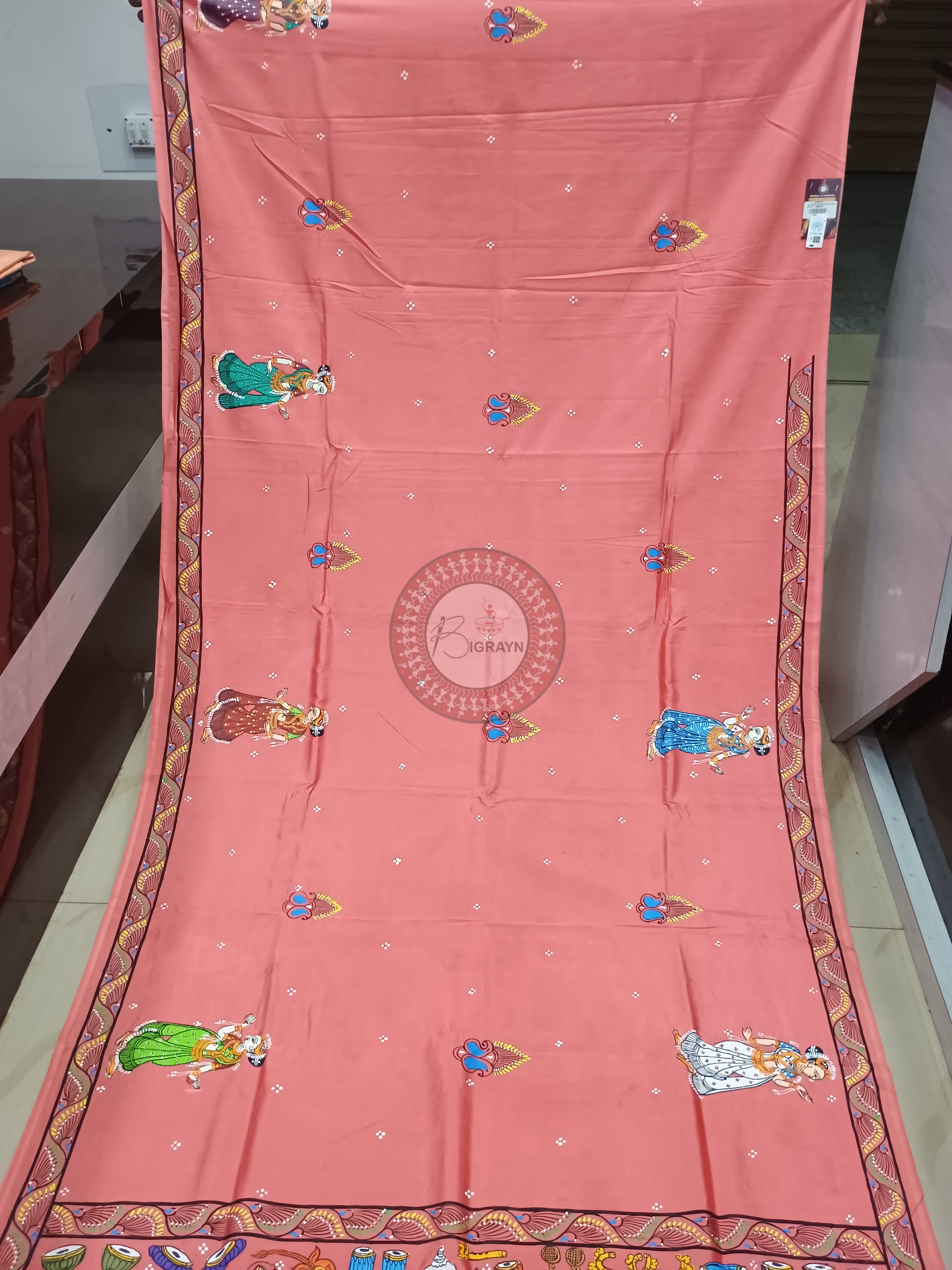 Peach Dancer And Musical Instruments Theme Pattachitra Khadi Silk Saree