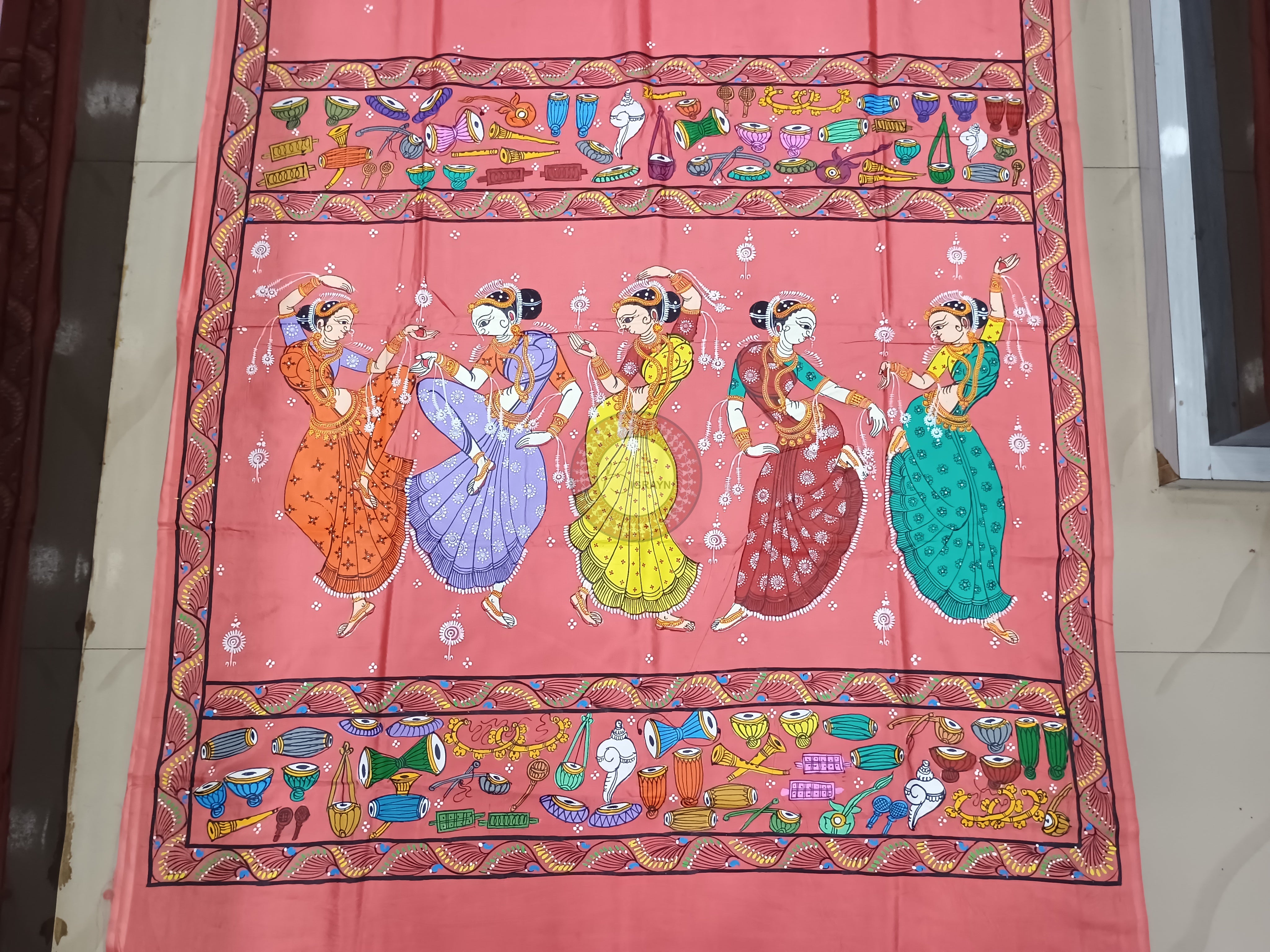Peach Dancer And Musical Instruments Theme Pattachitra Khadi Silk Saree