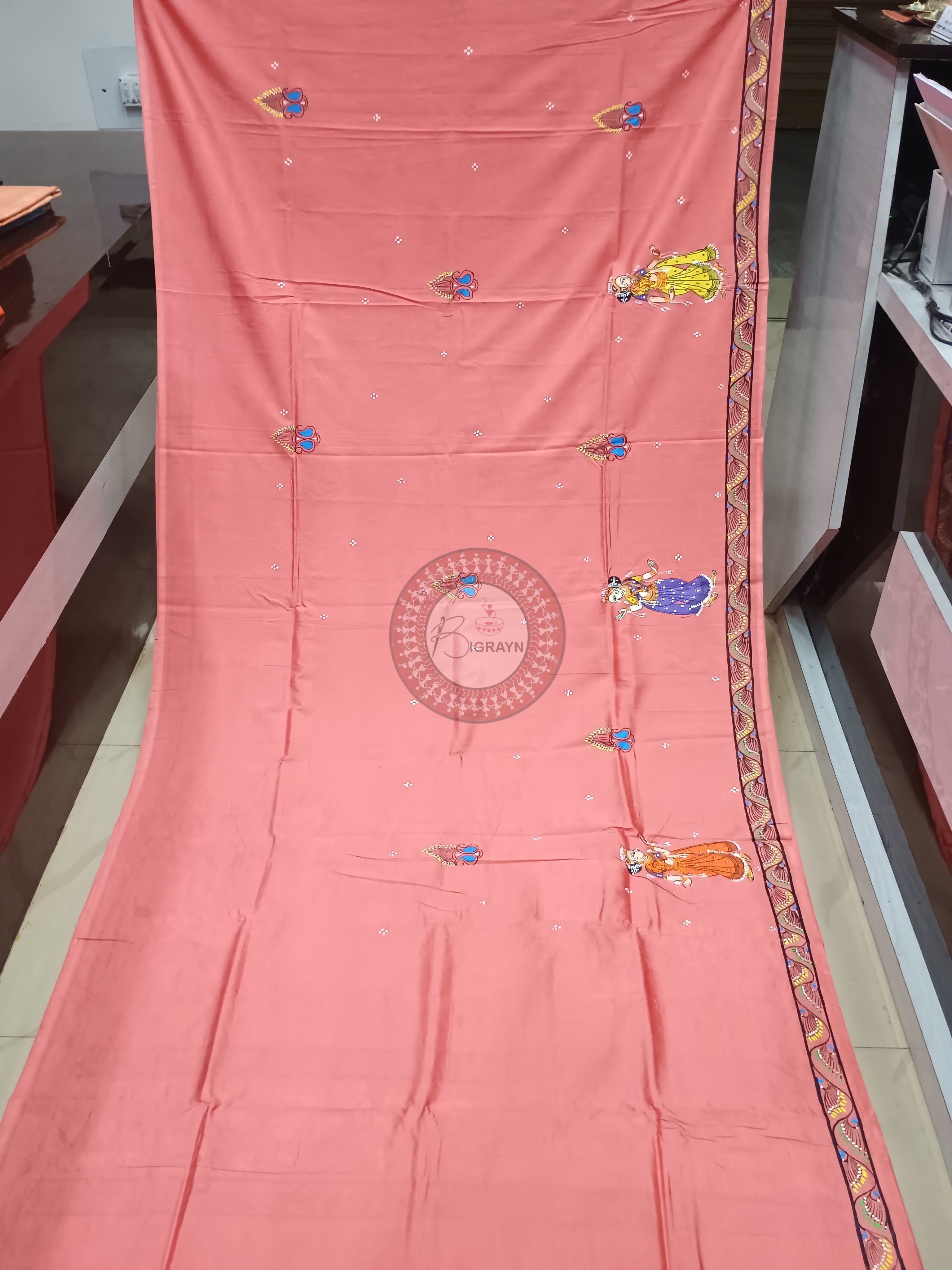 Peach Dancer And Musical Instruments Theme Pattachitra Khadi Silk Saree