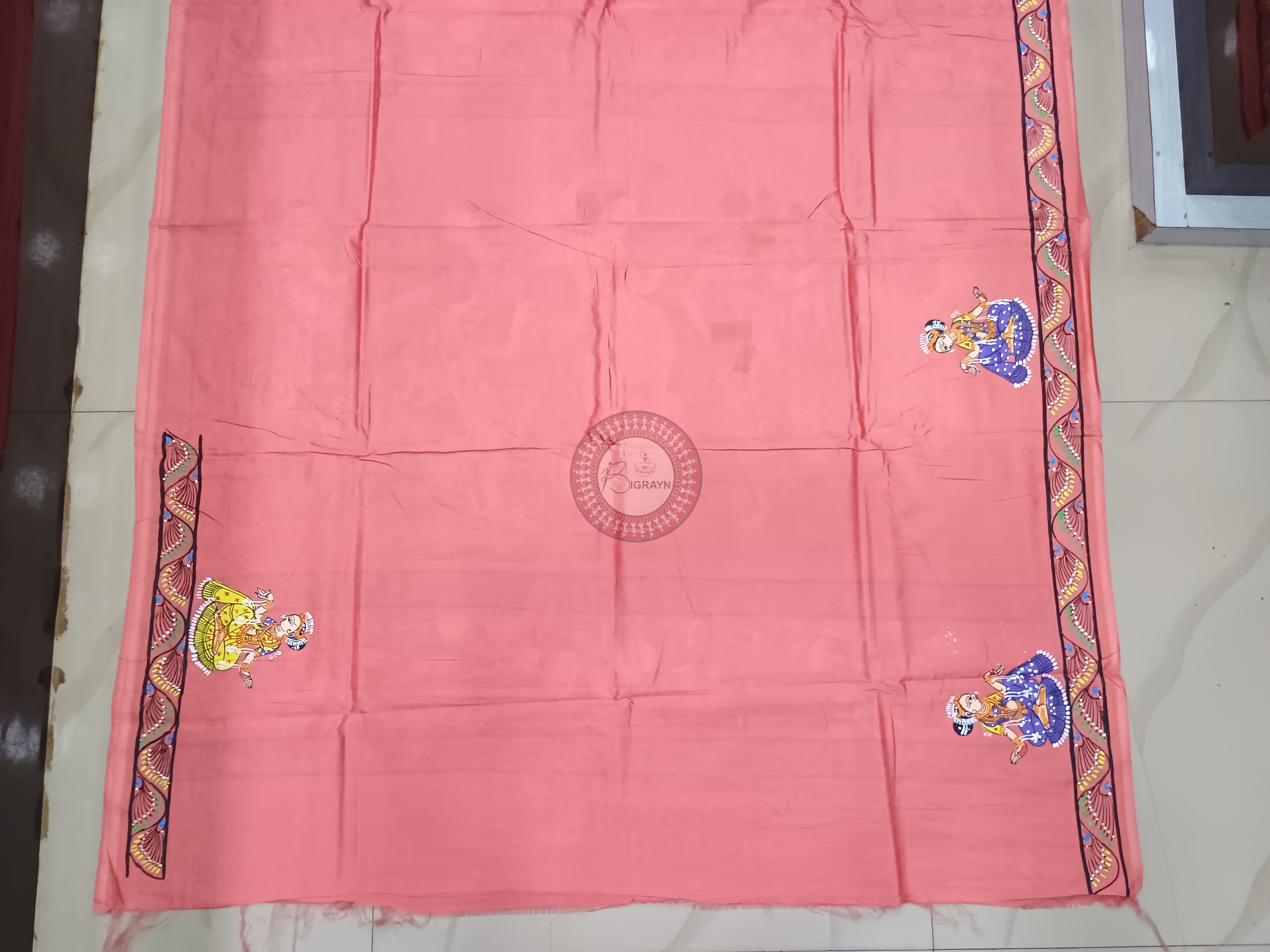 Peach Dancer And Musical Instruments Theme Pattachitra Khadi Silk Saree