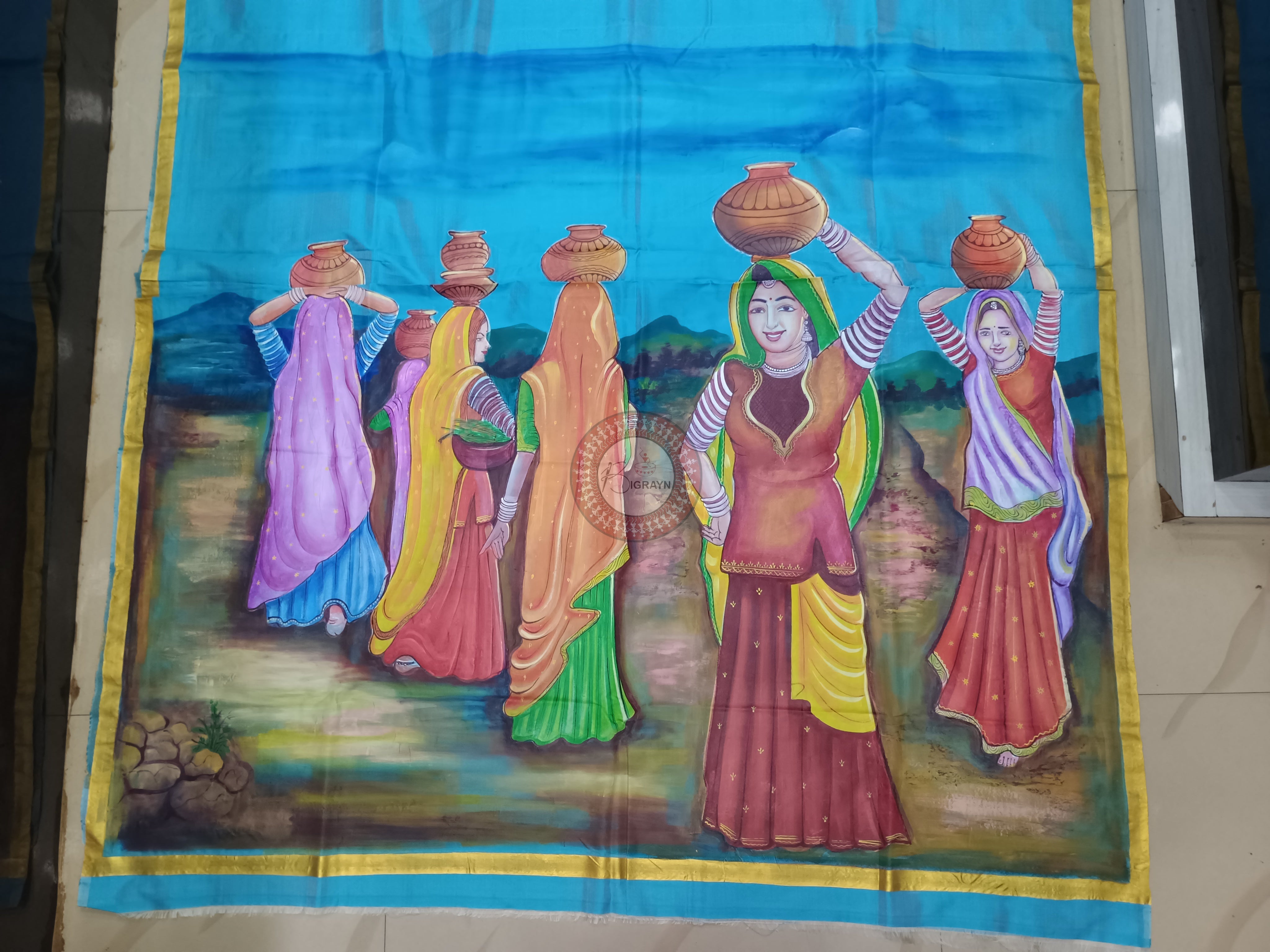 Sky Rajastani Art Theme Pattachitra Sambalpuri Silk Saree