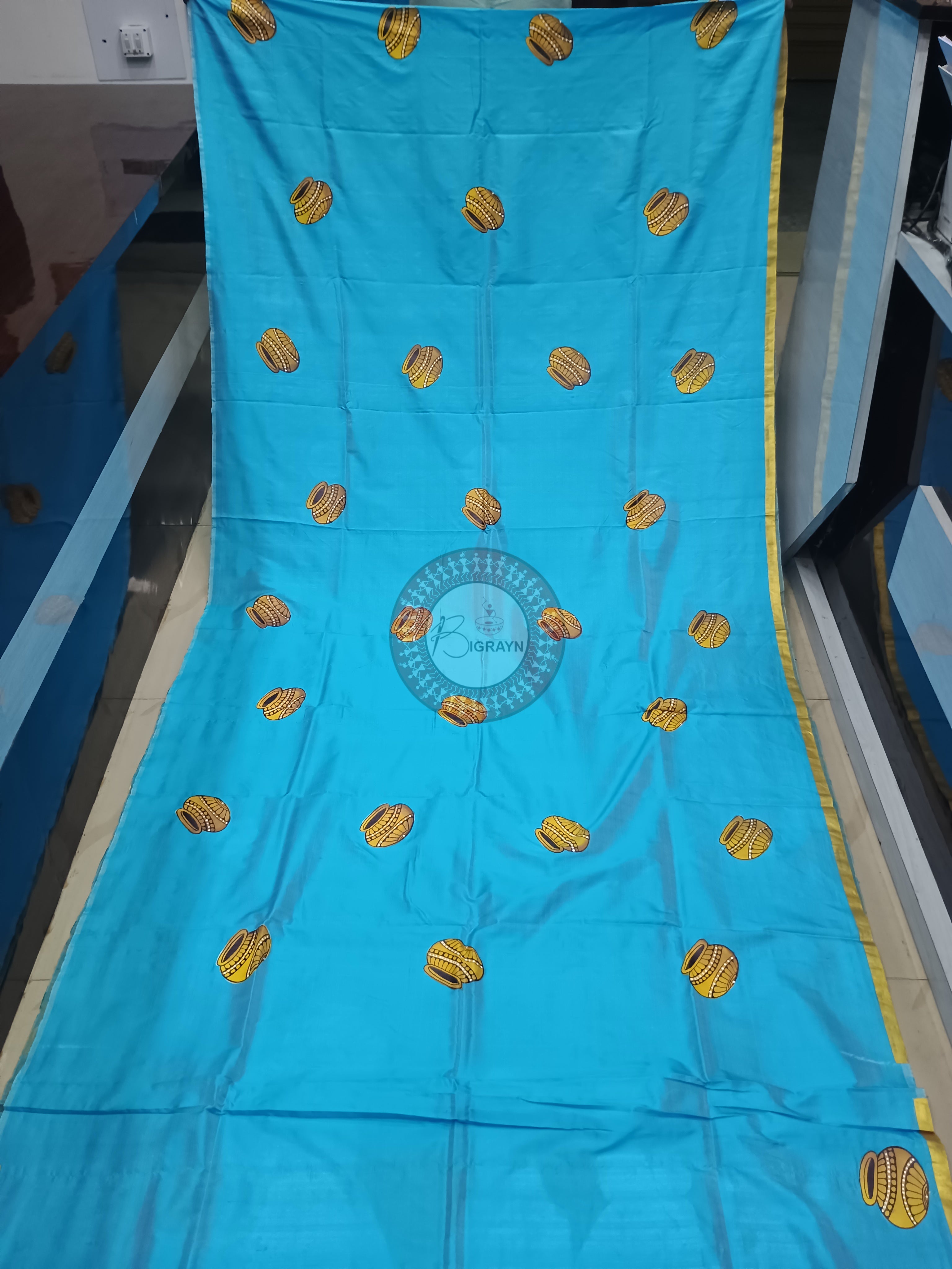 Sky Rajastani Art Theme Pattachitra Sambalpuri Silk Saree