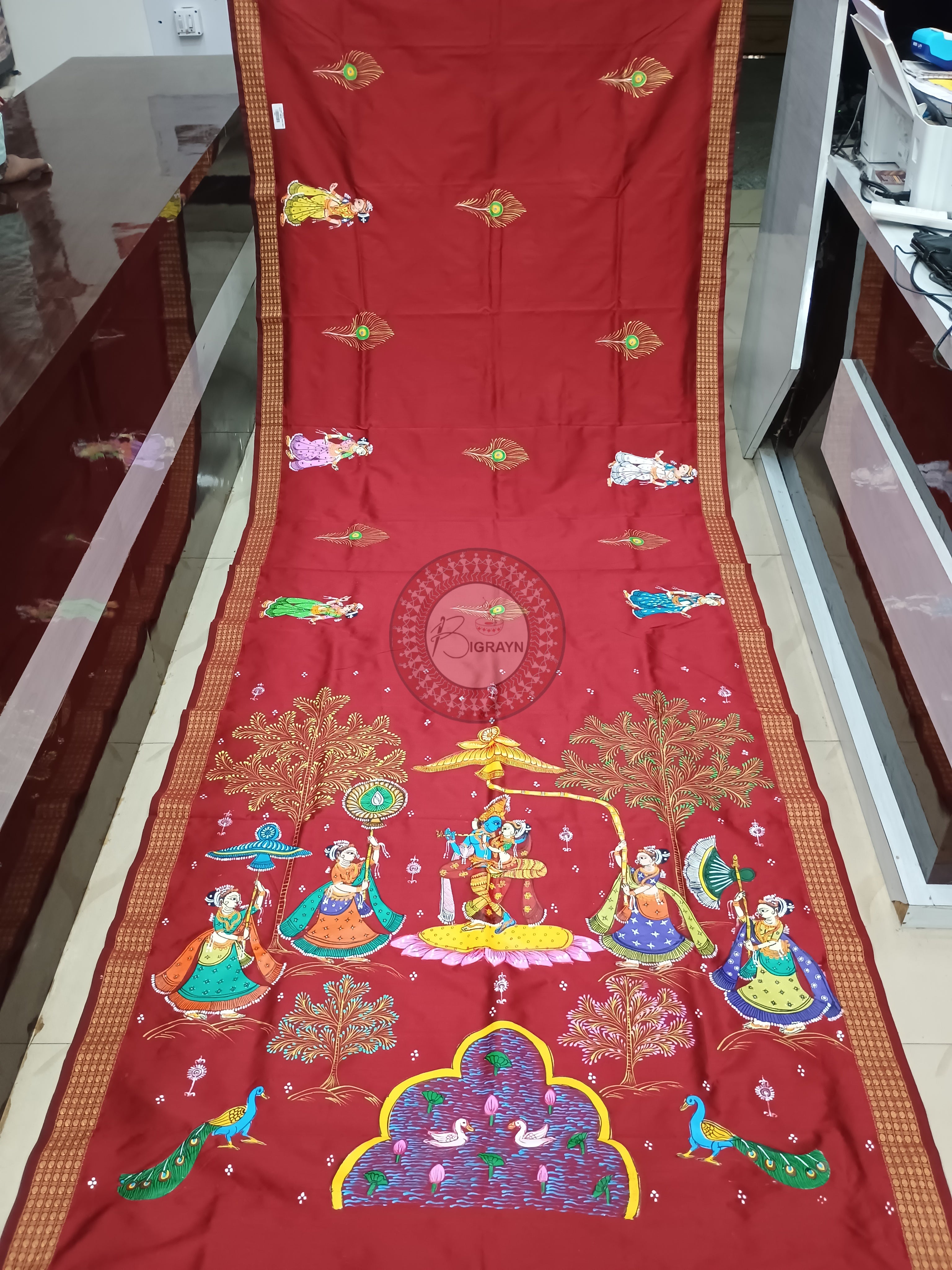 Maroon Radha Krishna Rasa Pattachitra Cotton Blended Silk Saree