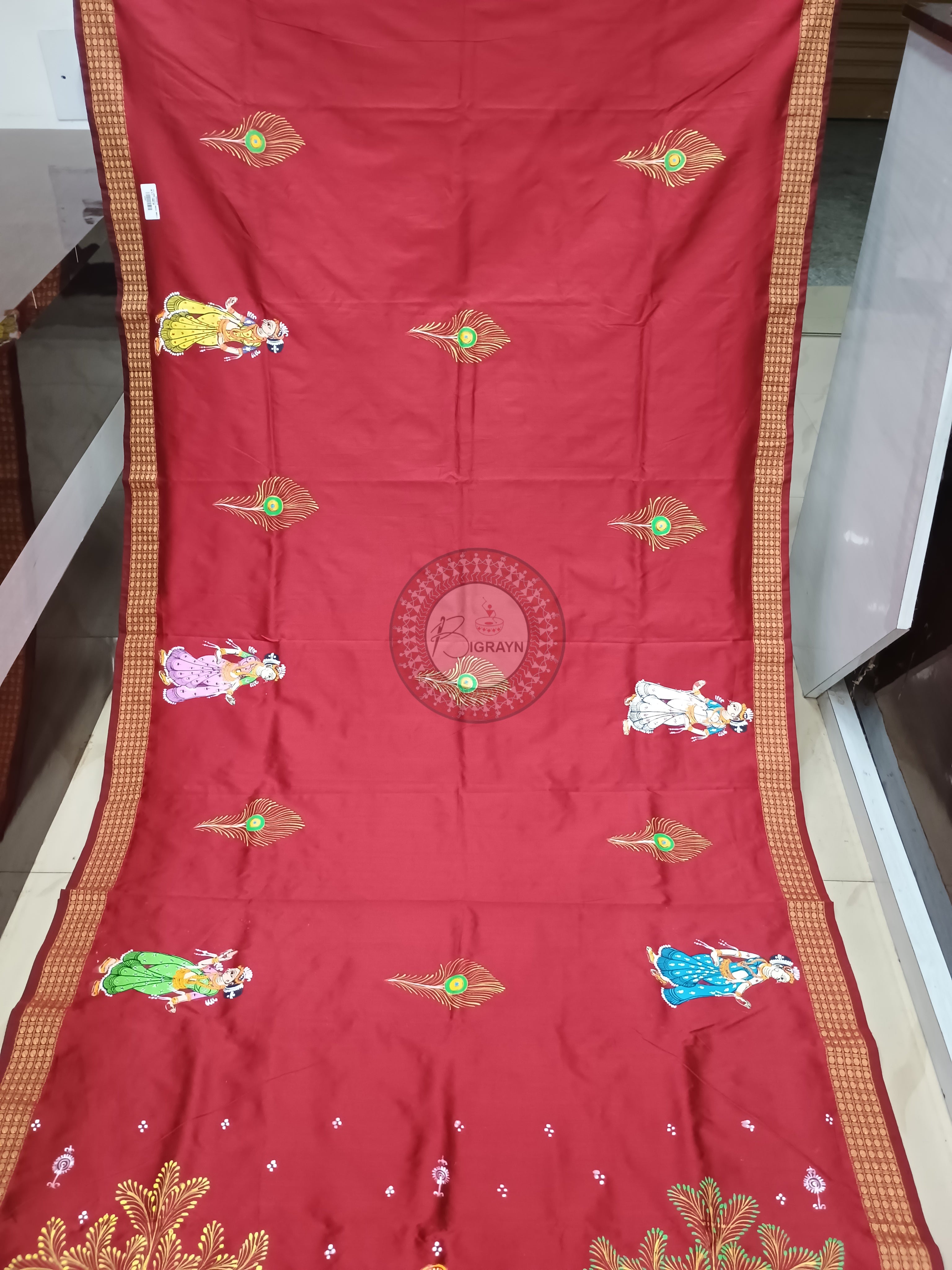 Maroon Radha Krishna Rasa Pattachitra Cotton Blended Silk Saree