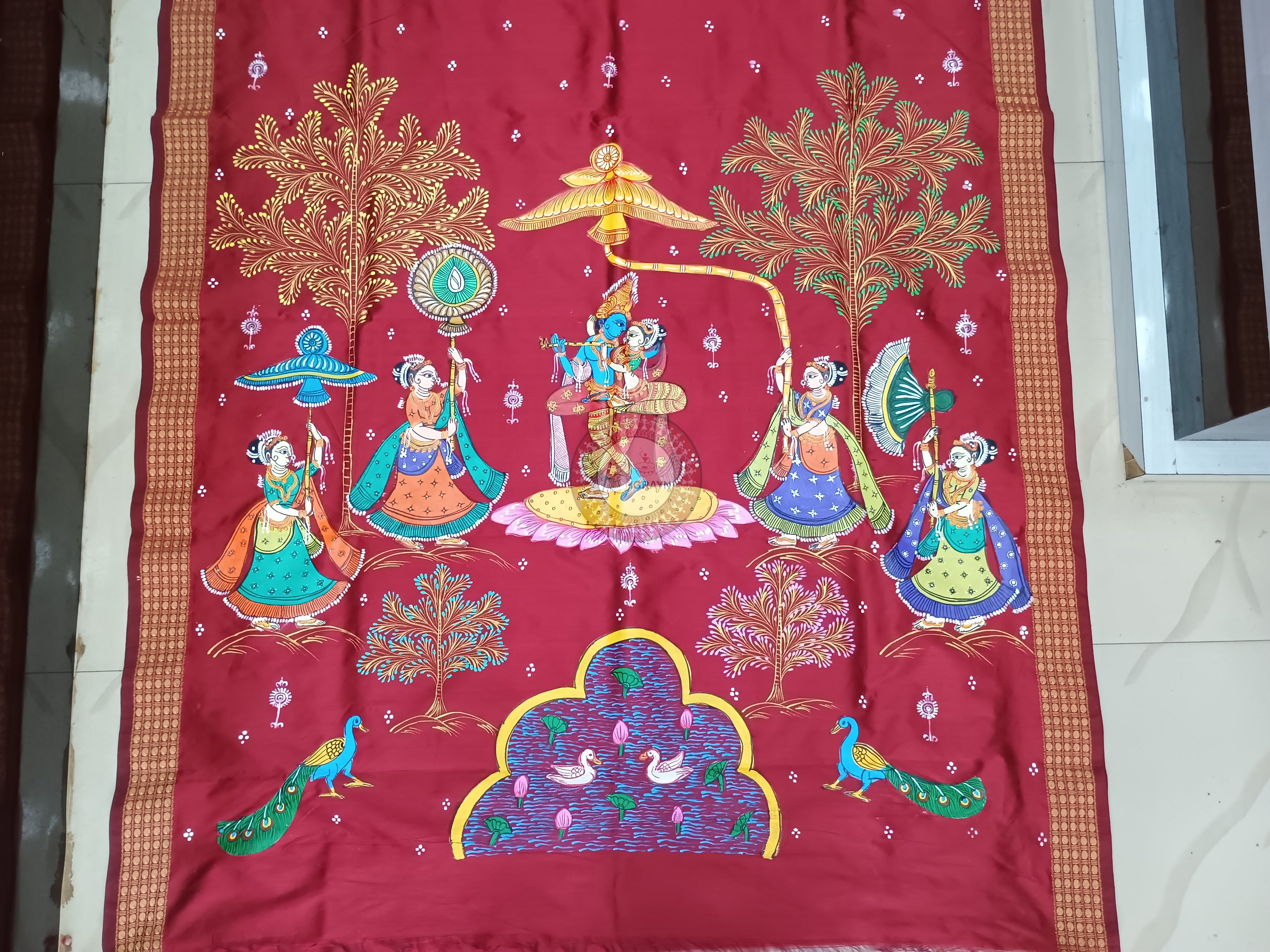Maroon Radha Krishna Rasa Pattachitra Cotton Blended Silk Saree