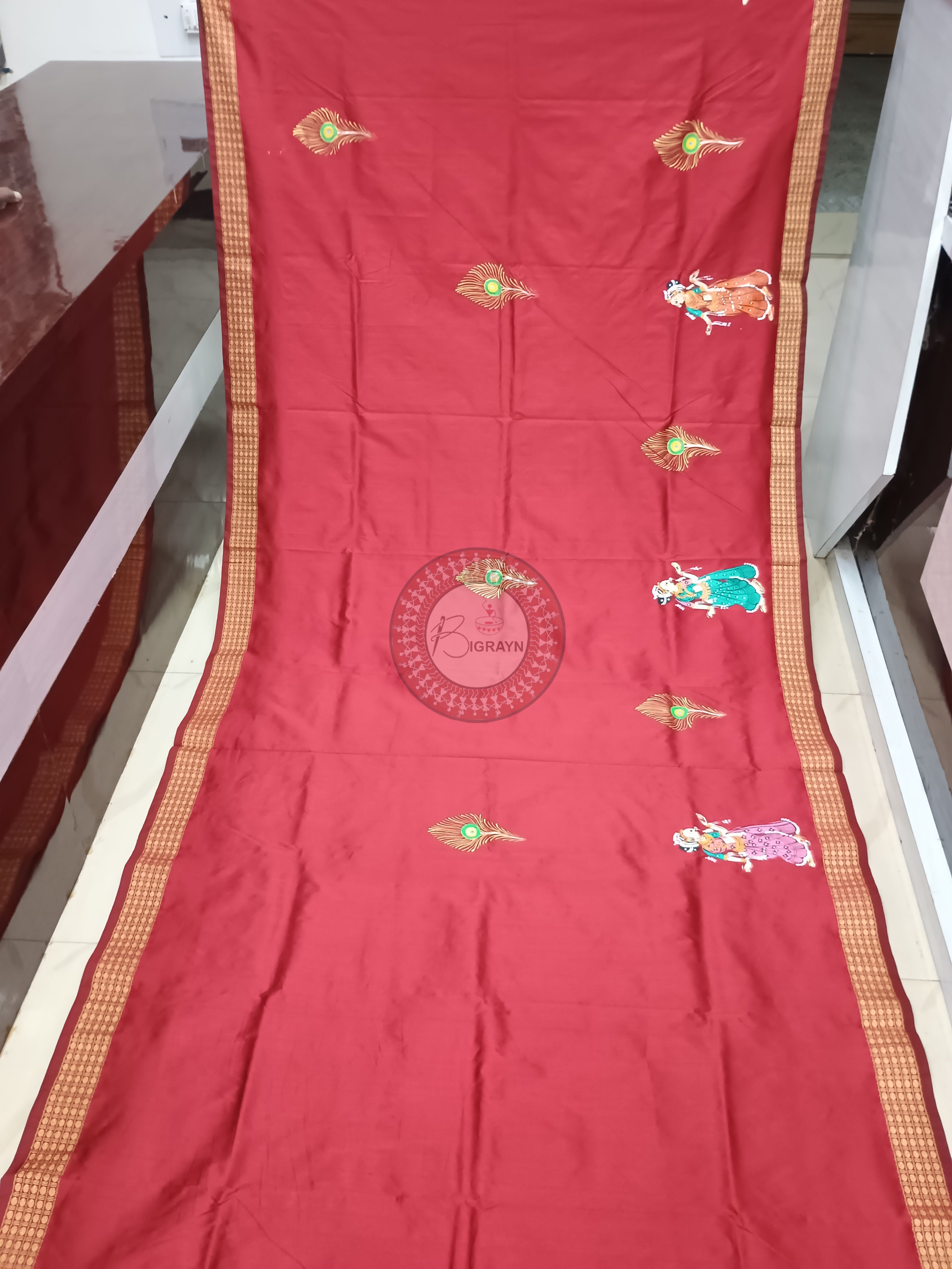 Maroon Radha Krishna Rasa Pattachitra Cotton Blended Silk Saree