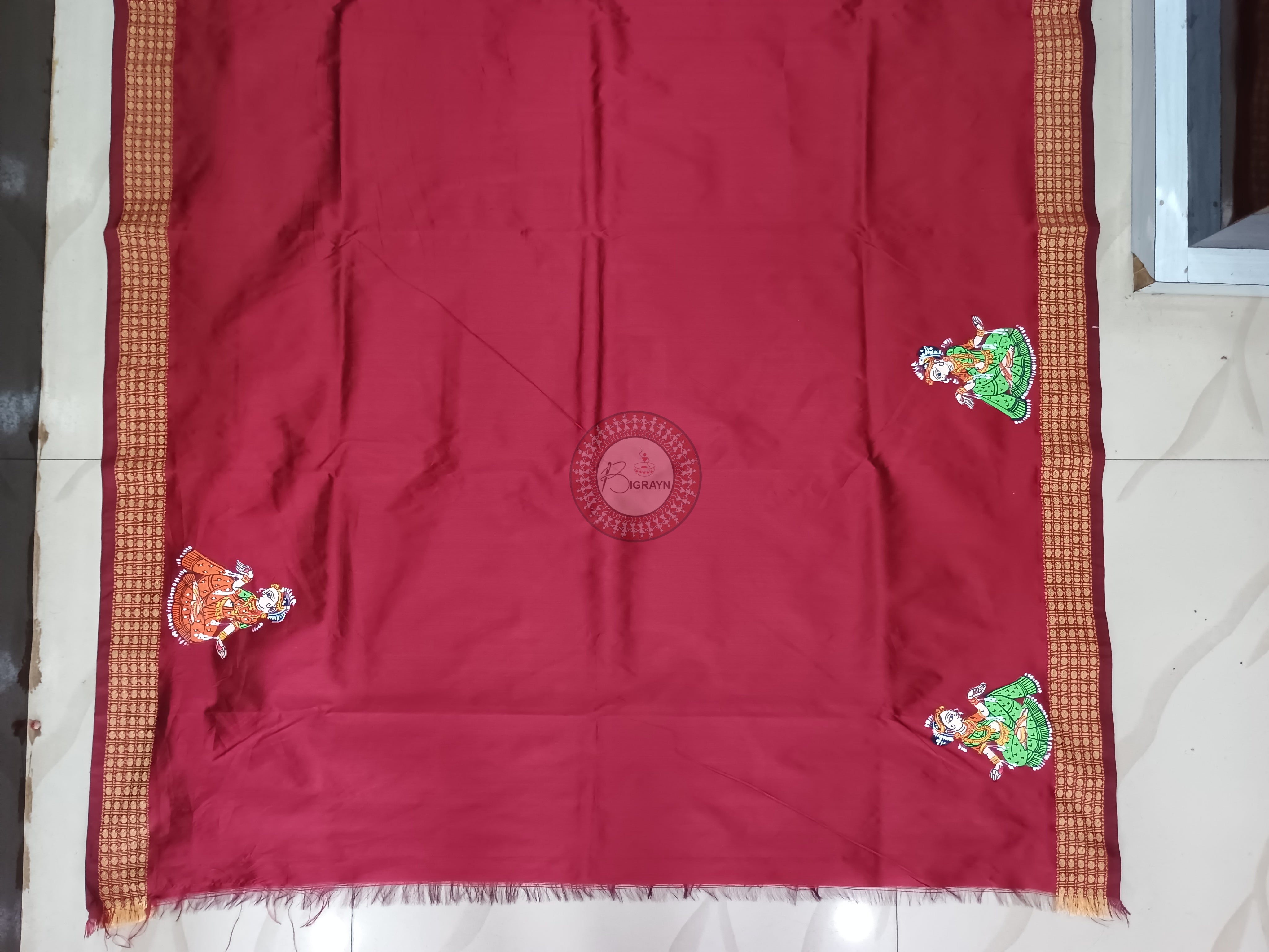 Maroon Radha Krishna Rasa Pattachitra Cotton Blended Silk Saree