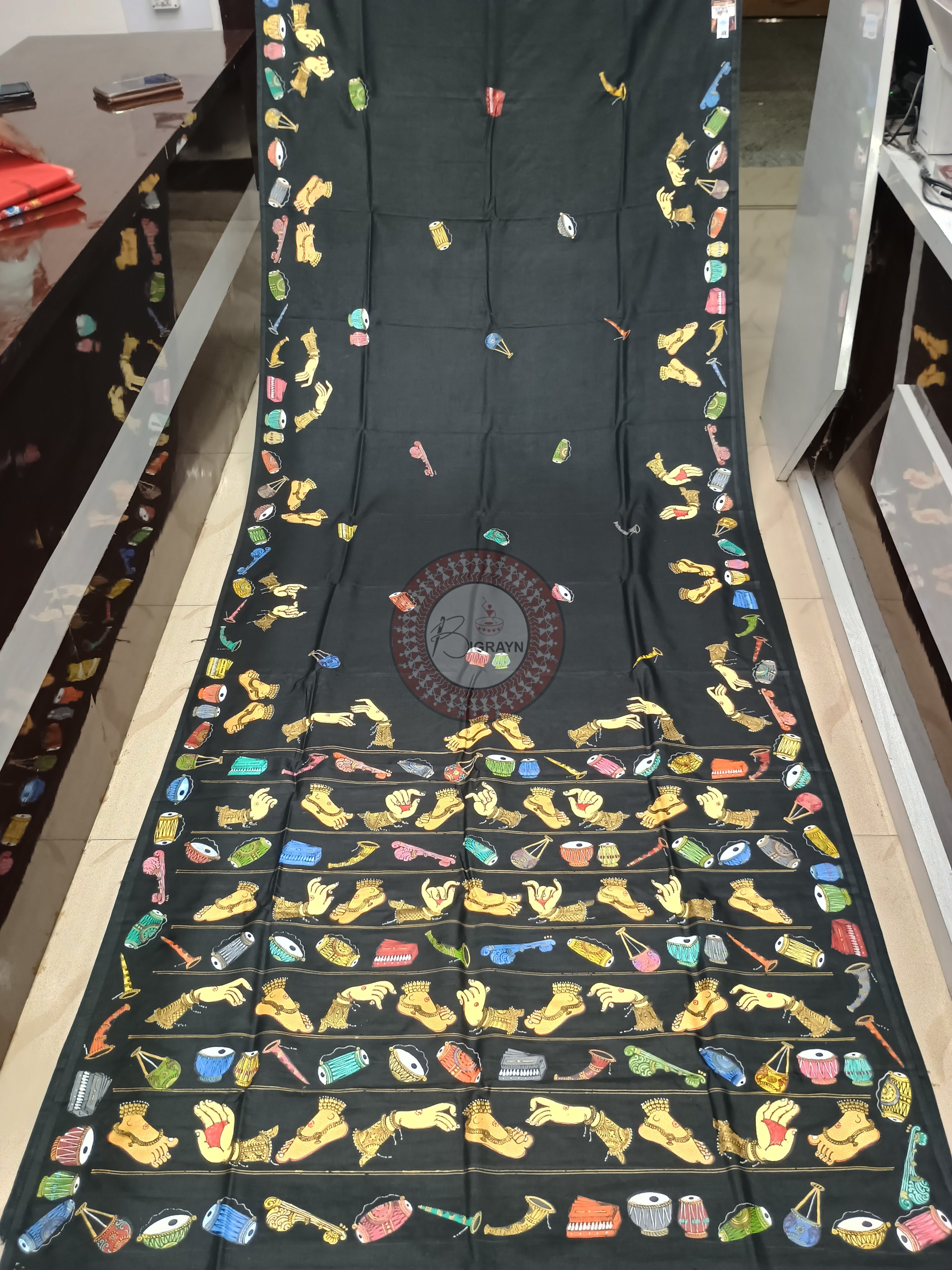 Black Musical Instruments Theme Pattachitra Khadi Silk Saree