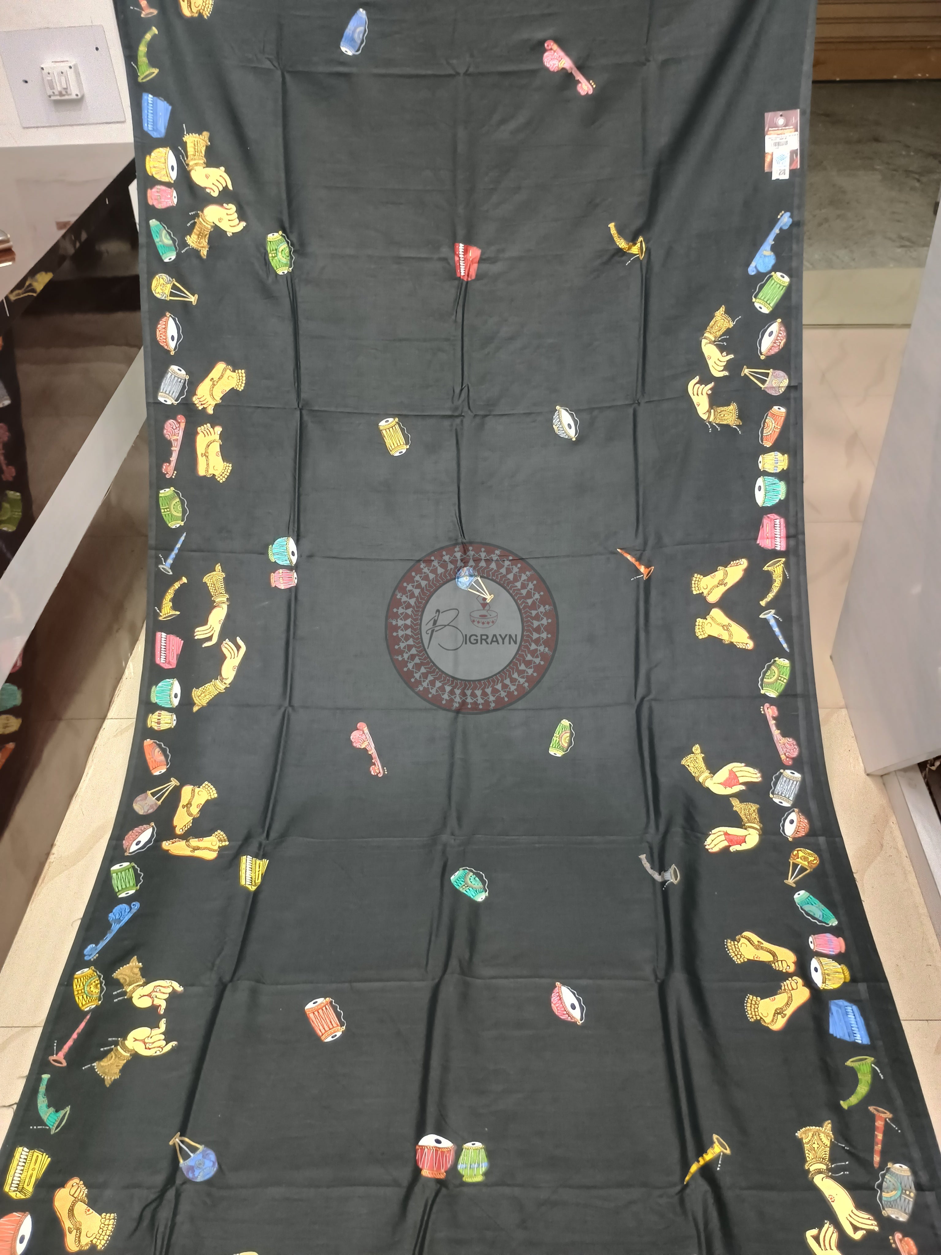 Black Musical Instruments Theme Pattachitra Khadi Silk Saree