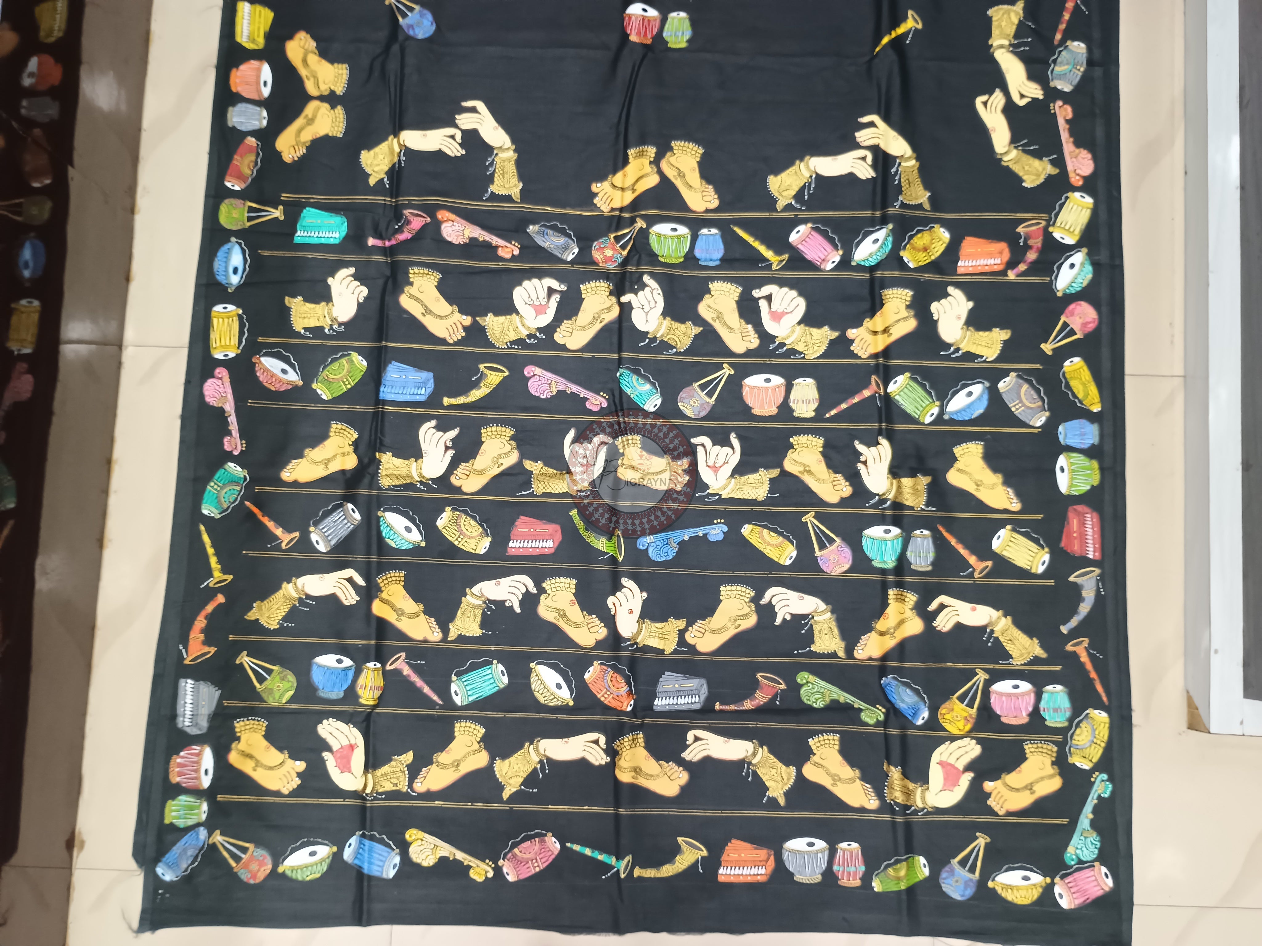 Black Musical Instruments Theme Pattachitra Khadi Silk Saree
