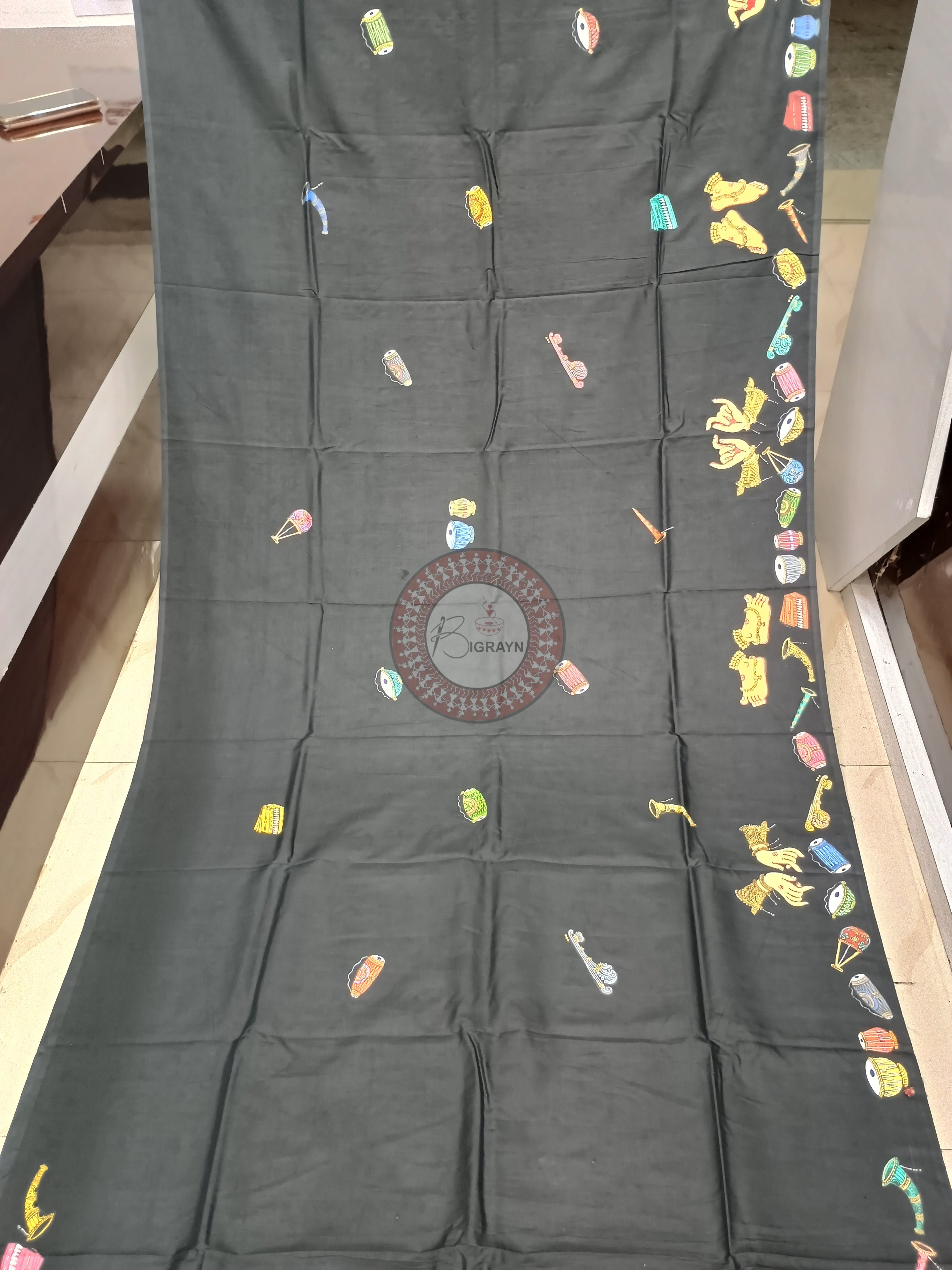Black Musical Instruments Theme Pattachitra Khadi Silk Saree