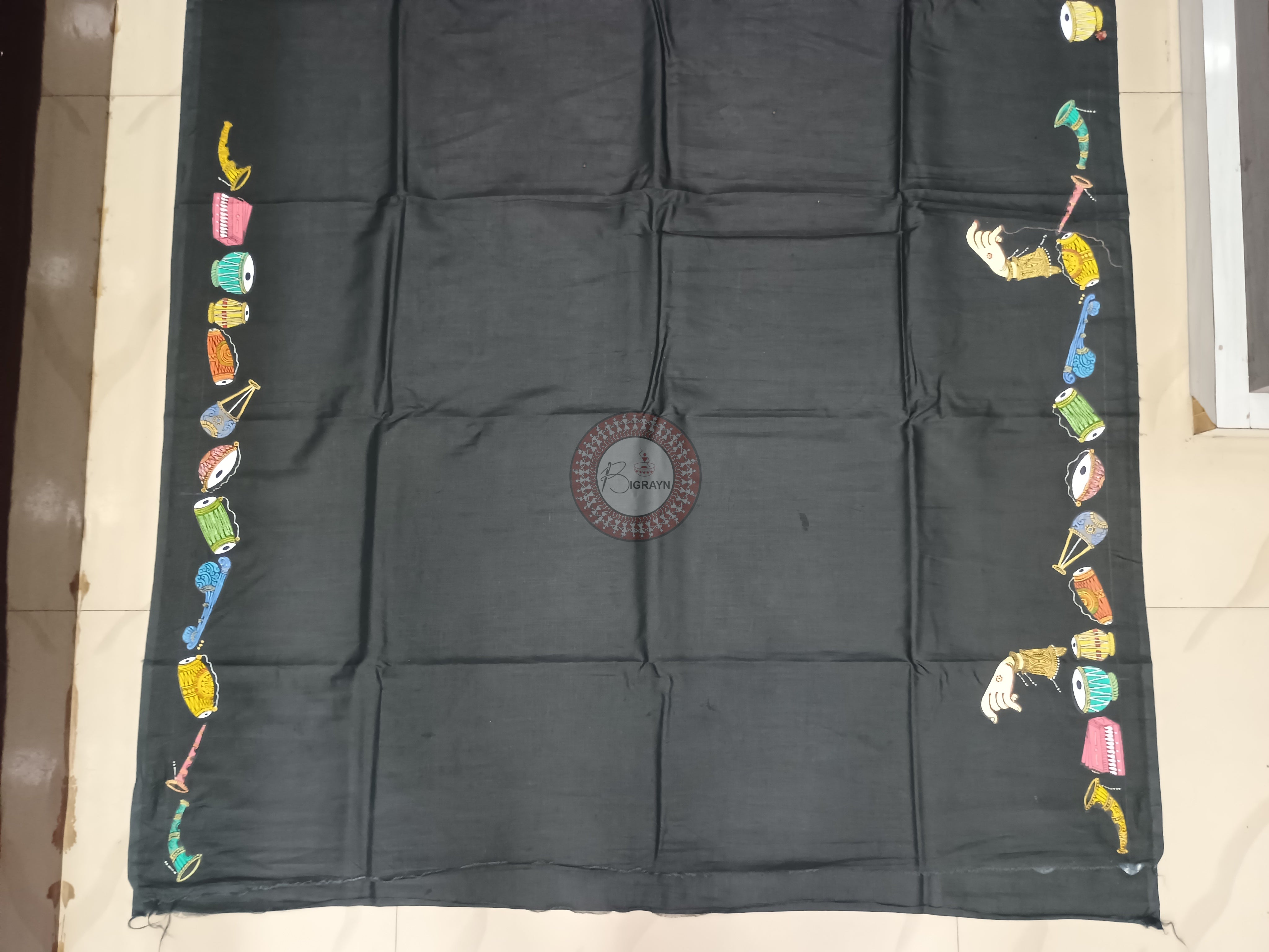 Black Musical Instruments Theme Pattachitra Khadi Silk Saree