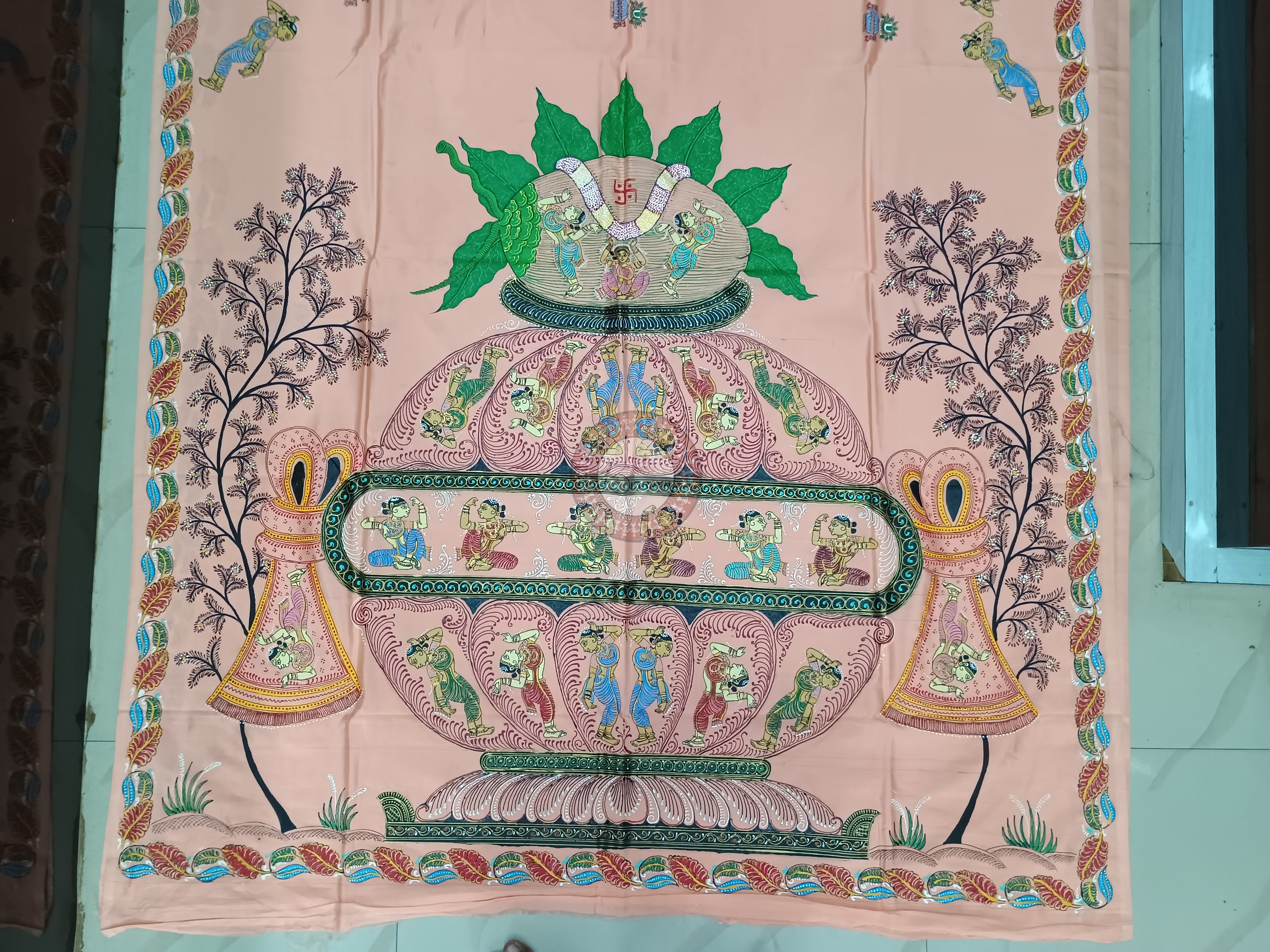 Peach Kandarp Kalash Theme Pattachitra Khadi Silk Saree