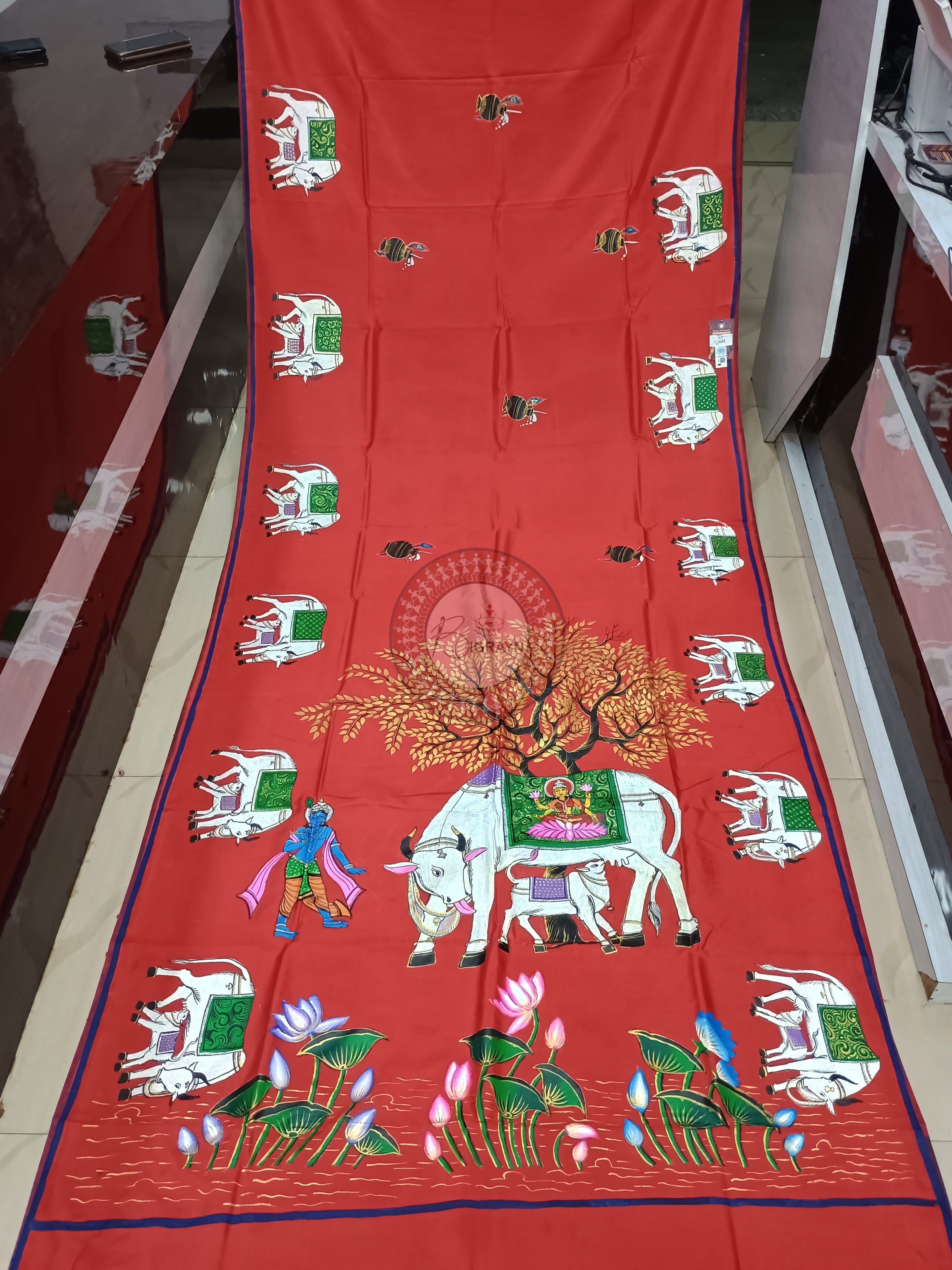 Red Kamadhenu Theme Pattachitra Khadi Silk Saree