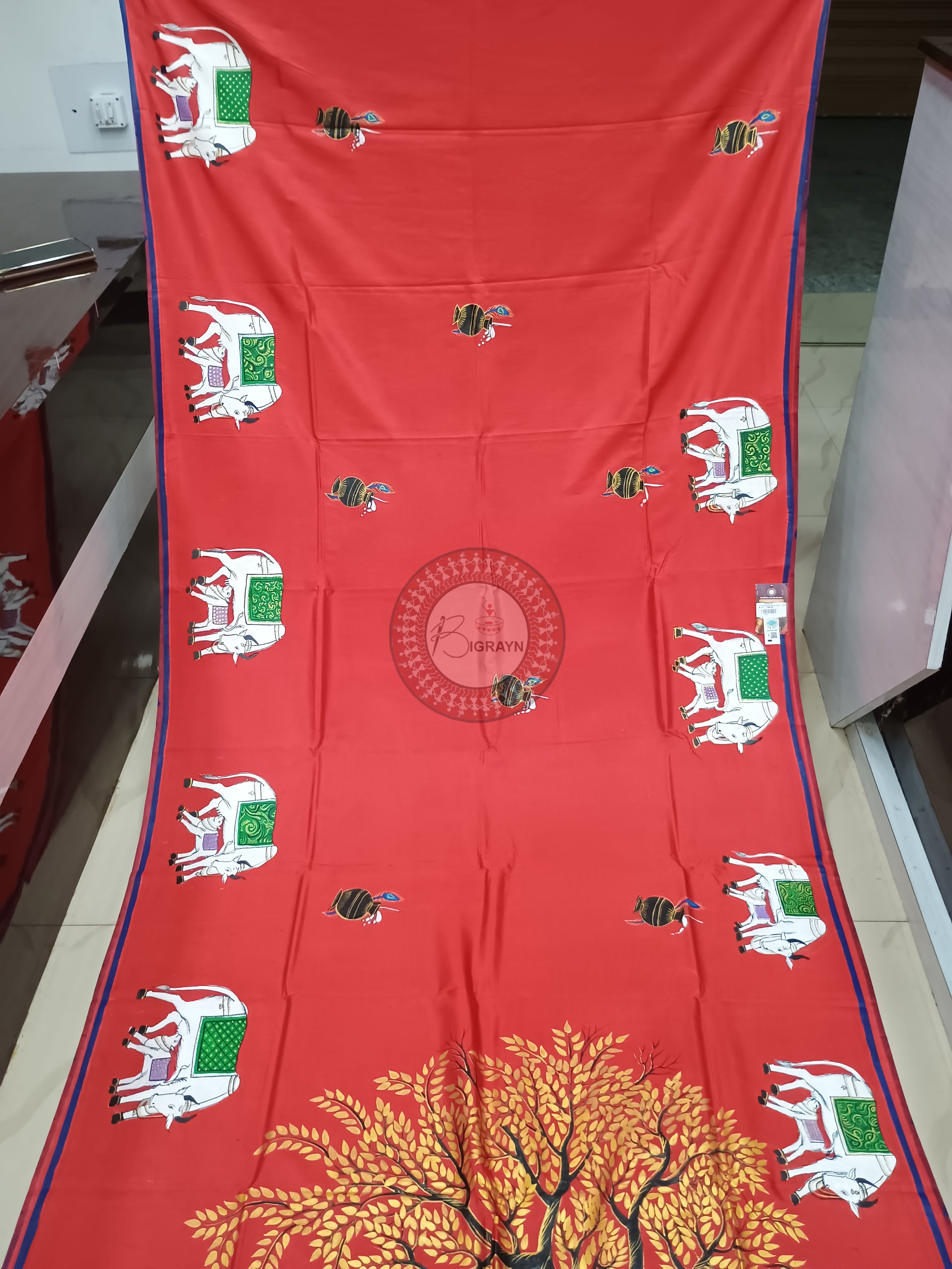 Red Kamadhenu Theme Pattachitra Khadi Silk Saree